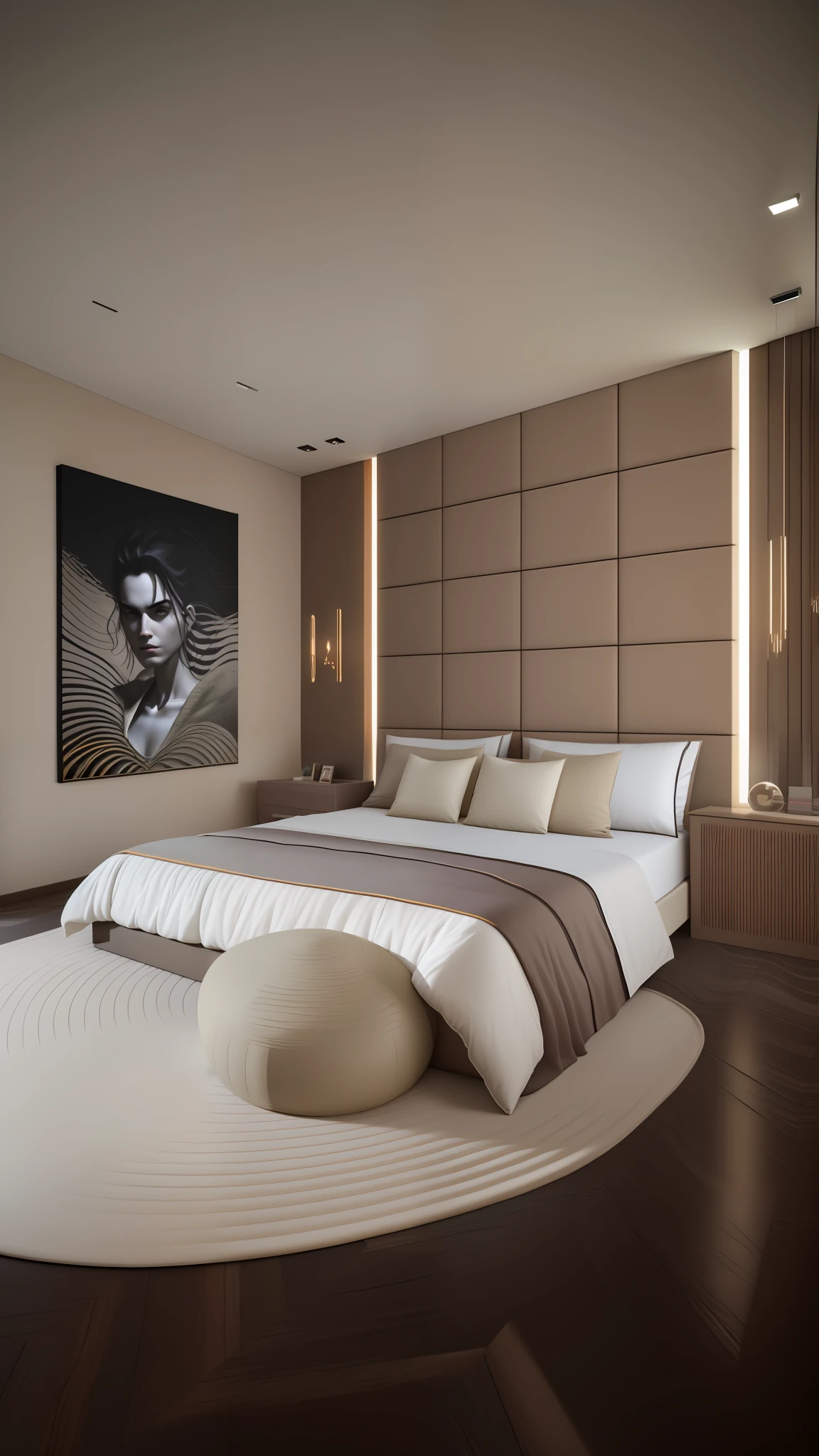 arafed bedroom with a large bed and a large painting on the wall, bed room, high quality 3d render, high quality 3 d render, bedroom interior, rendered in vray, vray 8k render, dim bedroom, luxury hd render, serene bedroom setting, in a bedroom, dramatic lighting render, rendered in corona, rendered in v-ray