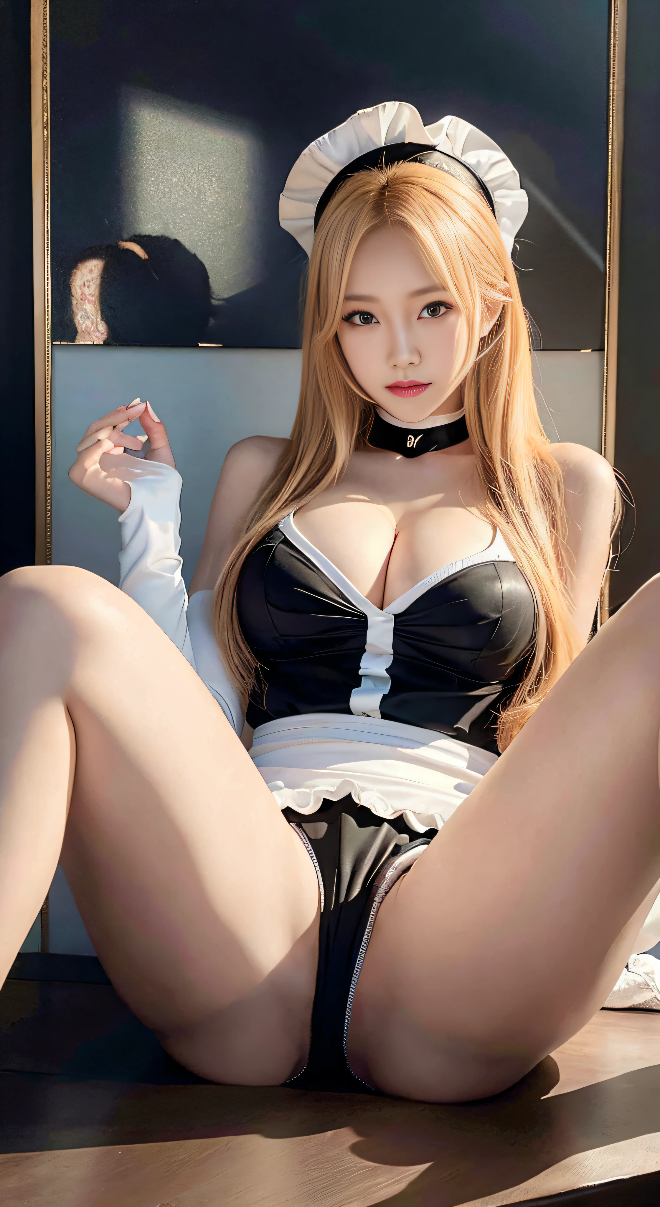UHD,Ultra HD,Retina,Retina,Retina Screen,Masterpiece,Precise,Precise,Anatomically Correct,Textured Skin,Super Detail,Very detailed,High Detail,High Quality,Awards,Award-winning,Best Quality,High Resolution,High Resolution,High Definition,High Definition,4K,8K,16K,Portrait Style,Zoom Layer,Eye Level Shot,Surrealism,Color Field Painting,Hyper-Realism,Surreal Detail Painting,Cinematic Lighting,JPEG Artifacts,Reflected Light,Shadows, silhouette, bright yellow hair, long eyelashes, full smile, slender body, full body, maid suit, maid cosplay, 25 years old, mature, slender legs, maid headdress, moaning, skinny body, waist bending, maid, leg spreading, skirt, skirt lifting, cleavage, belly button, abs, belly button, lower breast, muscles, fine muscles, no panties, panty marks, one hand between legs, hand in underwear