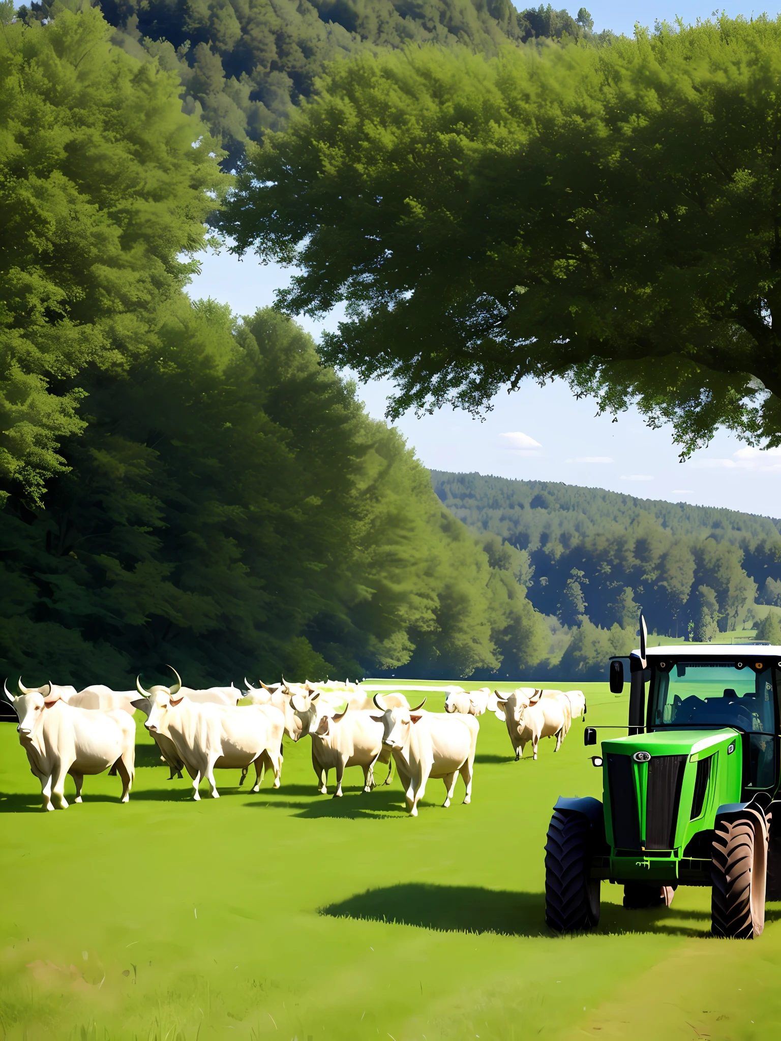 Imagine a large ox pasture, on a sunny day, with thousands of white oxen eating the bush, further up a verdant leaf planting area with a man driving a close, ultra realistic, 16k tractor