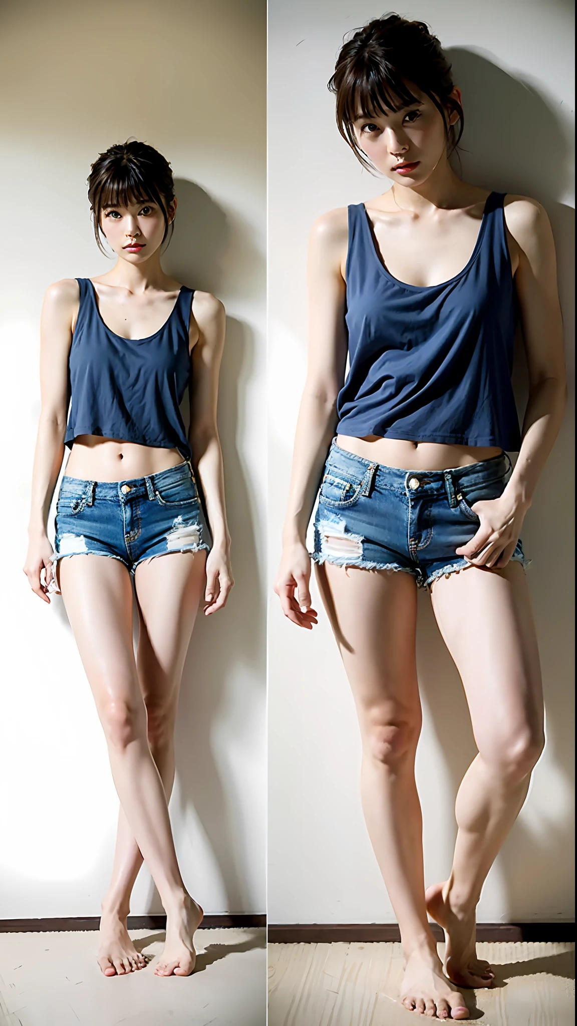 (Best Quality, 8k, 32k, Masterpiece, UHD: 1.2), Cute Japan Woman Pictures, Short Hair, Tight Tank Top, Denim Shorts, Full Body, Bare Feet, Barefoot, Simple Background,