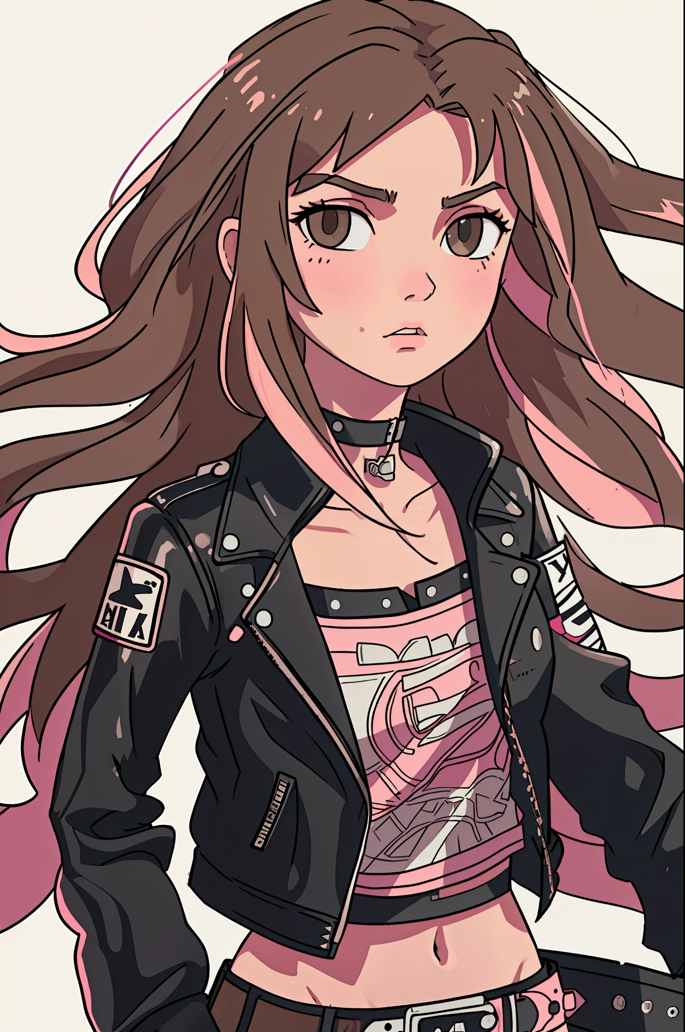a waist length portrait of a punk girl in a leather jacket, long wavy hair with pink streaks, light brown eyes, fair skin, choker, highly detailed intricate film composition, cinematic lighting, hyper detailed, (white flat background)