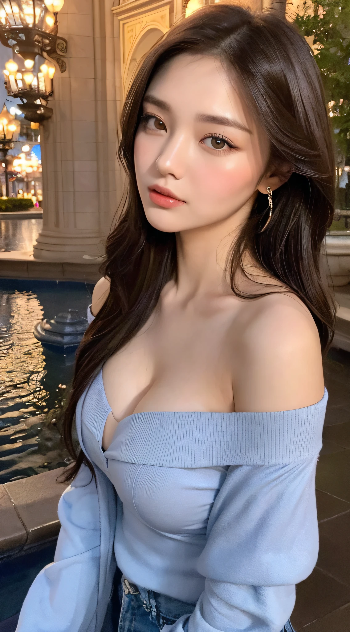 ((Night Scene, Realistic Light, Best Quality, 8k, Masterpiece: 1.3)), 1 Girl, Slim Body Beauty: 1.4, Brown Hair, (Big: 1.3), Off-Shoulder Cut Top: 1.3, Ultra Detailed Face, Detailed Eyes, Double Eyelids, Disneyland, Fountain, Cinderella's Castle, Cleavage