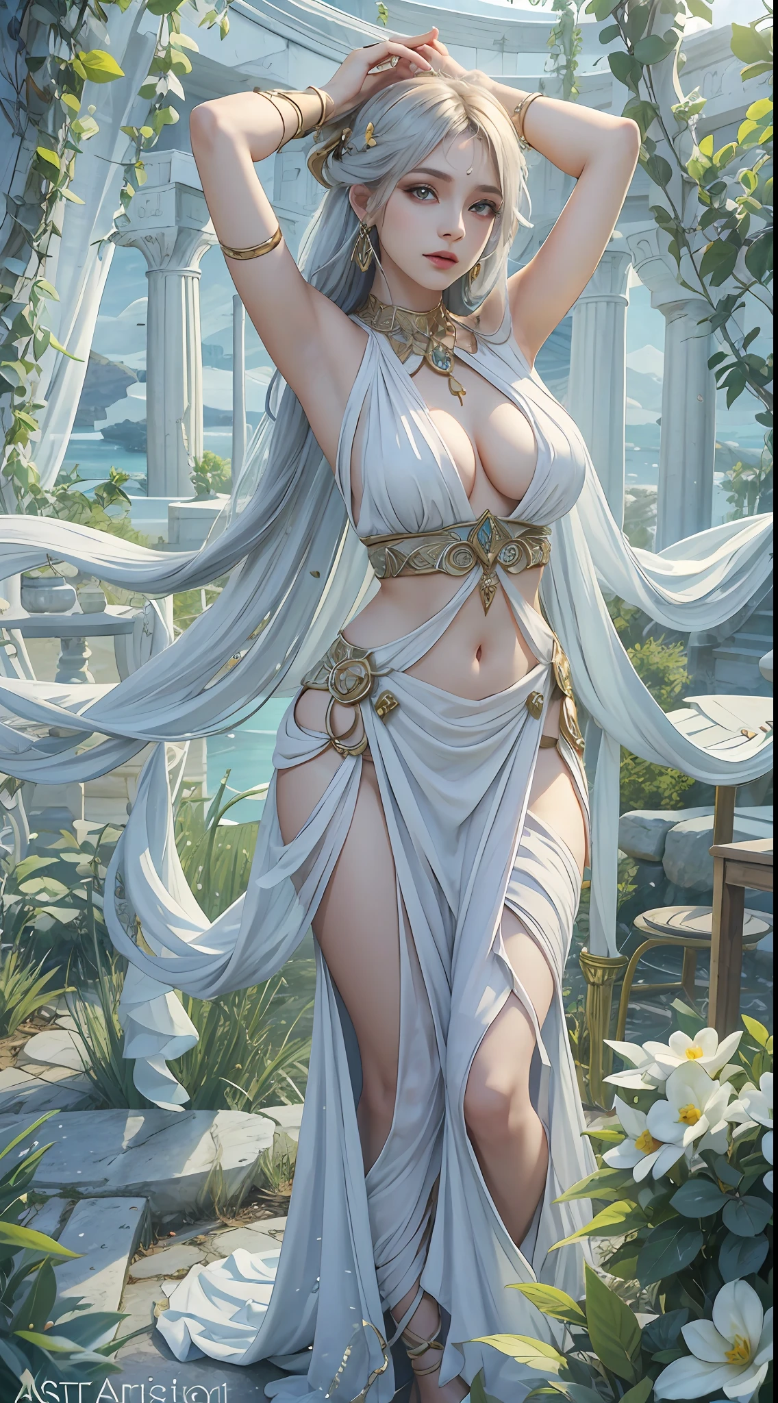 a mature female, ethereal, goddess, large breasts, vivid color, white greek peplos, bare shouders, perfect female figure, arms up, armpits, thighs, [light smile], expressionless,trending on Art Station, masterpiece, 8k resolution, fantasy art,