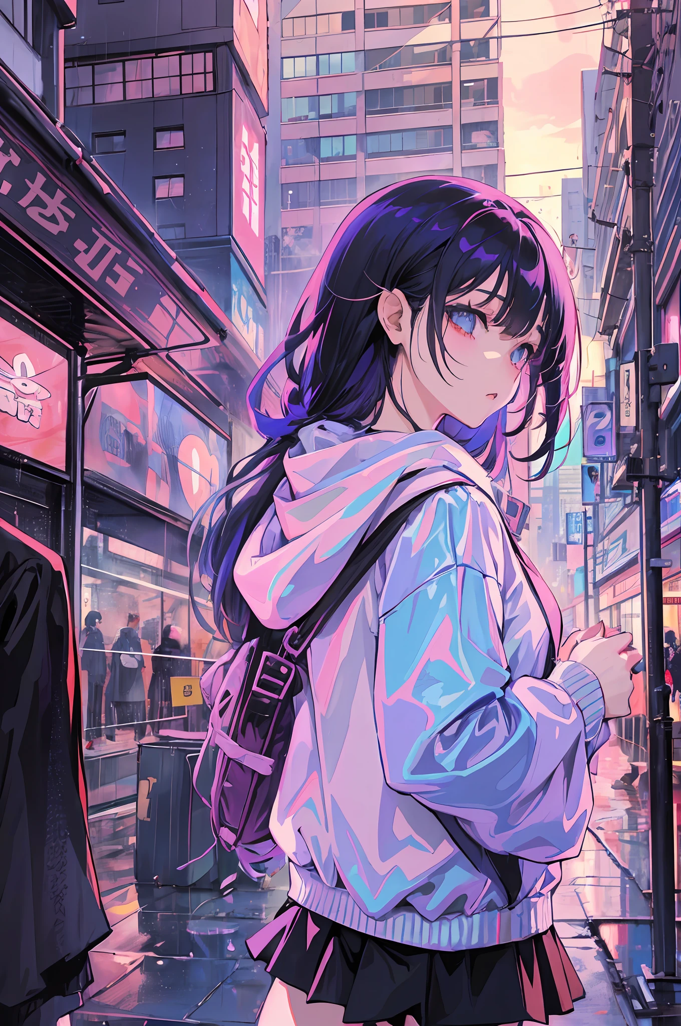 anime girl in the rain with a backpack and a backpack, anime style 4 k, cyberpunk anime girl in hoodie, 4k anime wallpaper, anime art wallpaper 8 k, anime art wallpaper 4k, anime art wallpaper 4 k, anime wallpaper 4k, anime wallpaper 4 k, anime style. 8k, badass anime 8 k, digital cyberpunk anime art