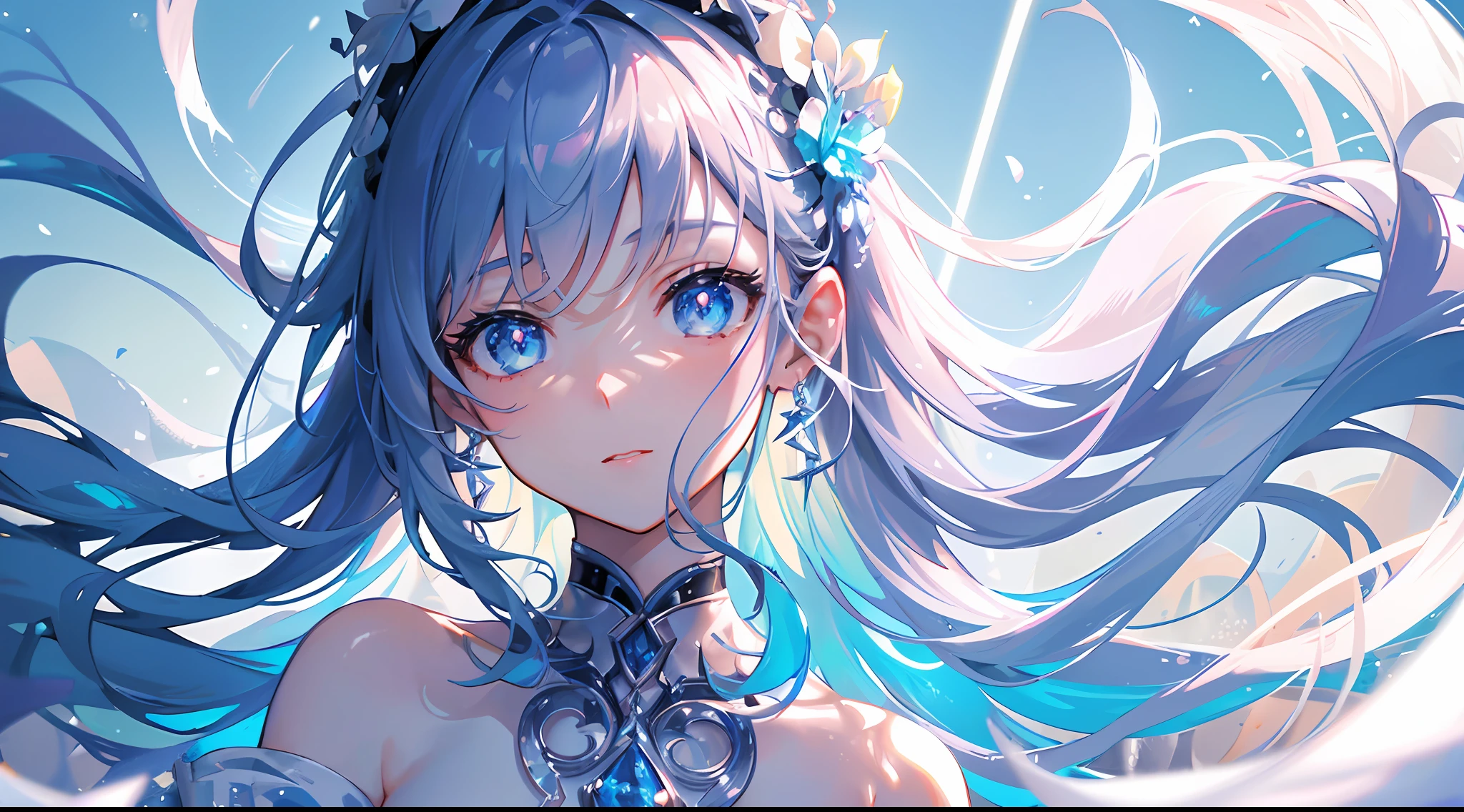 Masterpiece, Superb Illustration, Saxophone Blue, Platinum Earrings, Platinum Necklace, White Dress, 1girl, Cute, (Dynamic Light: 1.2), Cinematic Light, Delicate Facial Features, Detailed Eyes, Sharp Pupils, Realistic Pupils, Depth of Field, Background Bokeh, Clear Focus, (Ultra Detailed, Halo, Glow: 1.4), Many Small Gems, 8K, Masterpiece, Best Quality, Movie Stills, 1Girl, Floating in the Sky, Interlaced Clouds, Clouds, (Close-up: 1.1), bright, happy, funny, soft lighting, (Bauhaus, shapes, lines, abstraction: 1.1) official art, Unity 8k wallpaper, ultra detail, beautiful and beautiful, masterpiece, best quality, (dynamic angle: 1.4), romantic depth of field exotic_dance, PerfectNwsjMajic, (masterpiece, top quality, best quality, official art, beauty and aesthetics: 1.2), extreme detail, colorful, highest detail