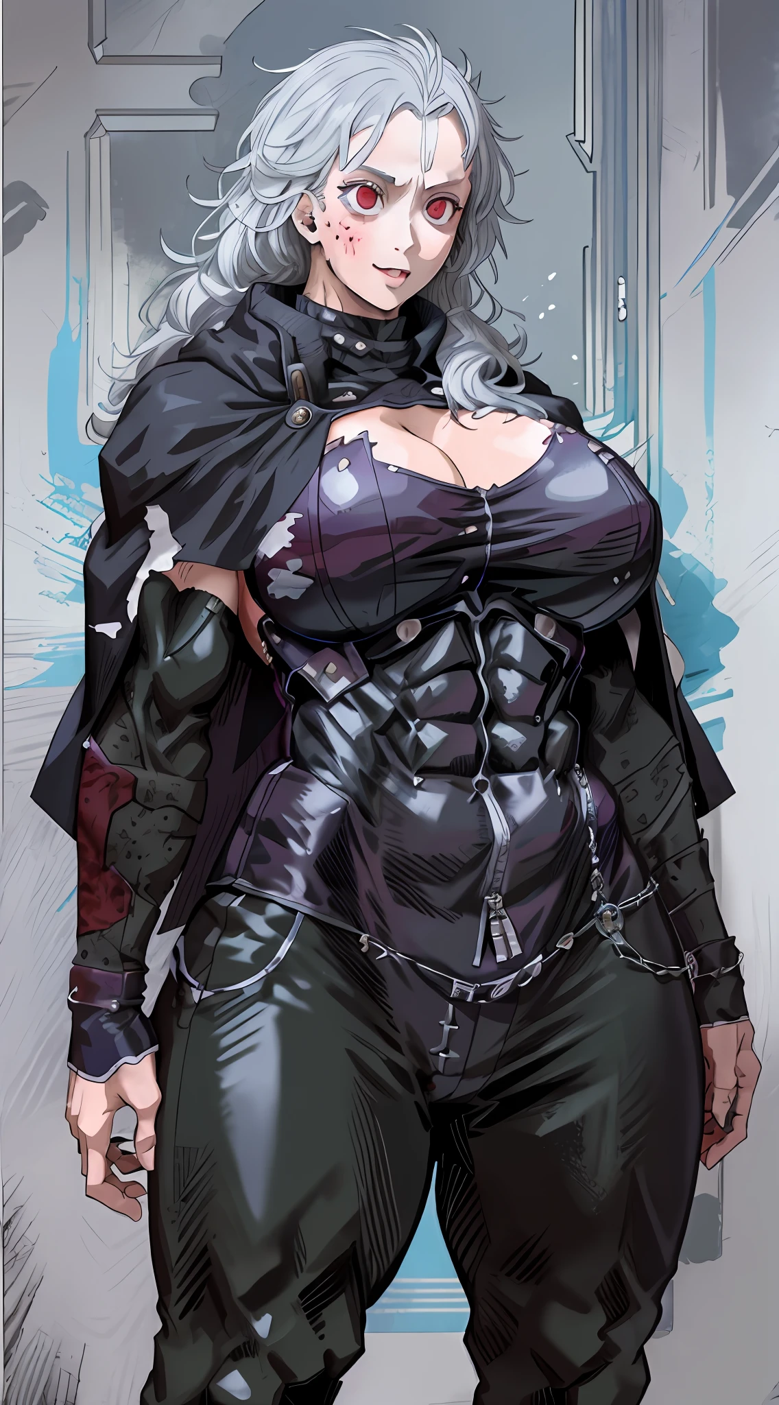 noi_dorohedoro, noi, muscular girl, huge chest, tall woman, priestess, martial art, modest, fully clothed, bent,, pants, cloak, priestess, holy, smile, coat, medieval, unmasked, nun, cloak,, black body suit