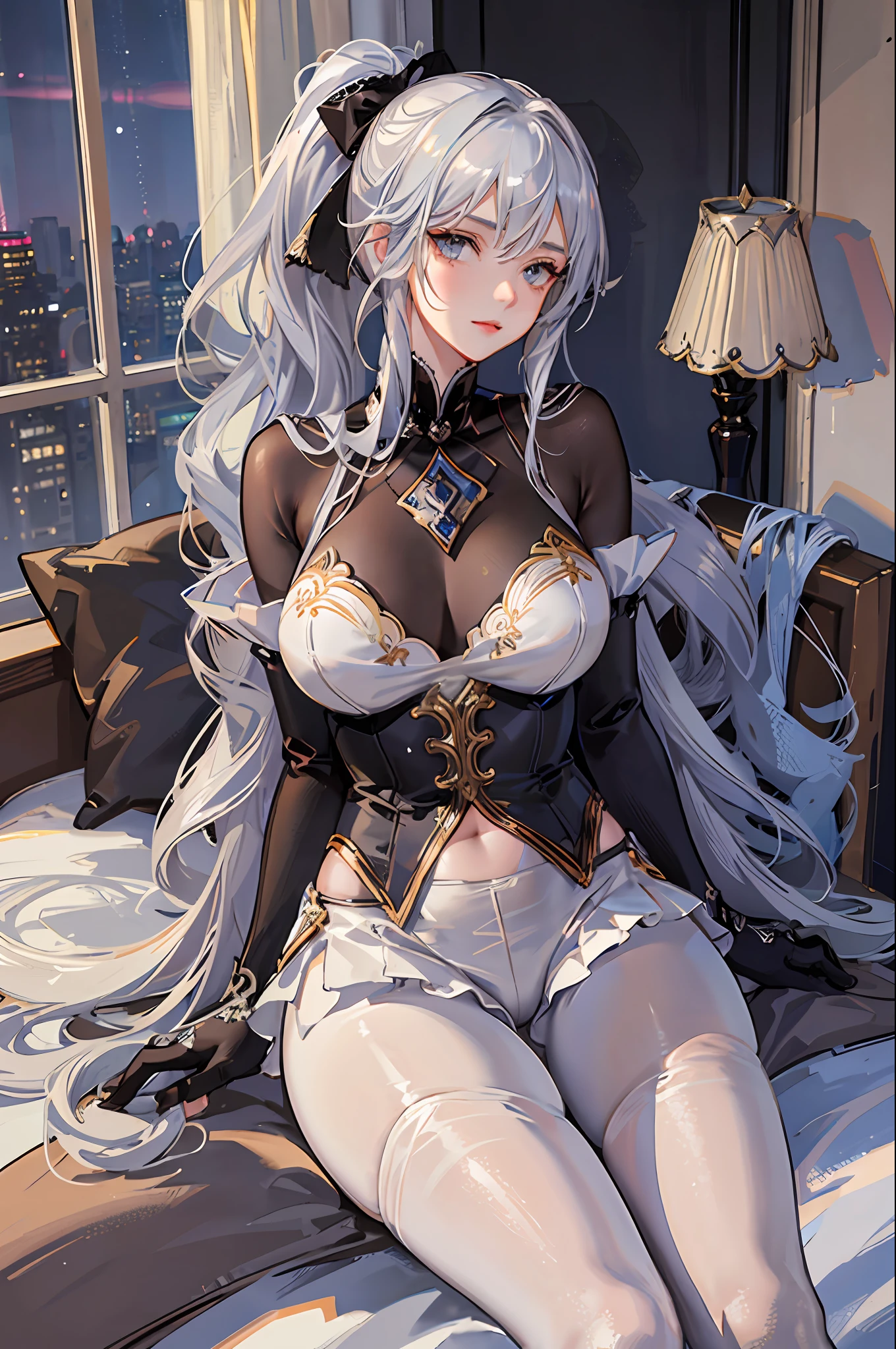(((1 girl)),ray tracing,(dim lighting),[detailed background (bedroom)),((silver hair)),((silver hair)),(fluffy silver hair, plump slender girl)) with high ponytail)))) Avoid golden eyes in the ominous bedroom (((girl wears intricately embroidered transparent high-waisted pants with pantyhose) and white ruffled bow gloves), showing a delicate slender figure and graceful curves, correct limbs, sitting on the bed