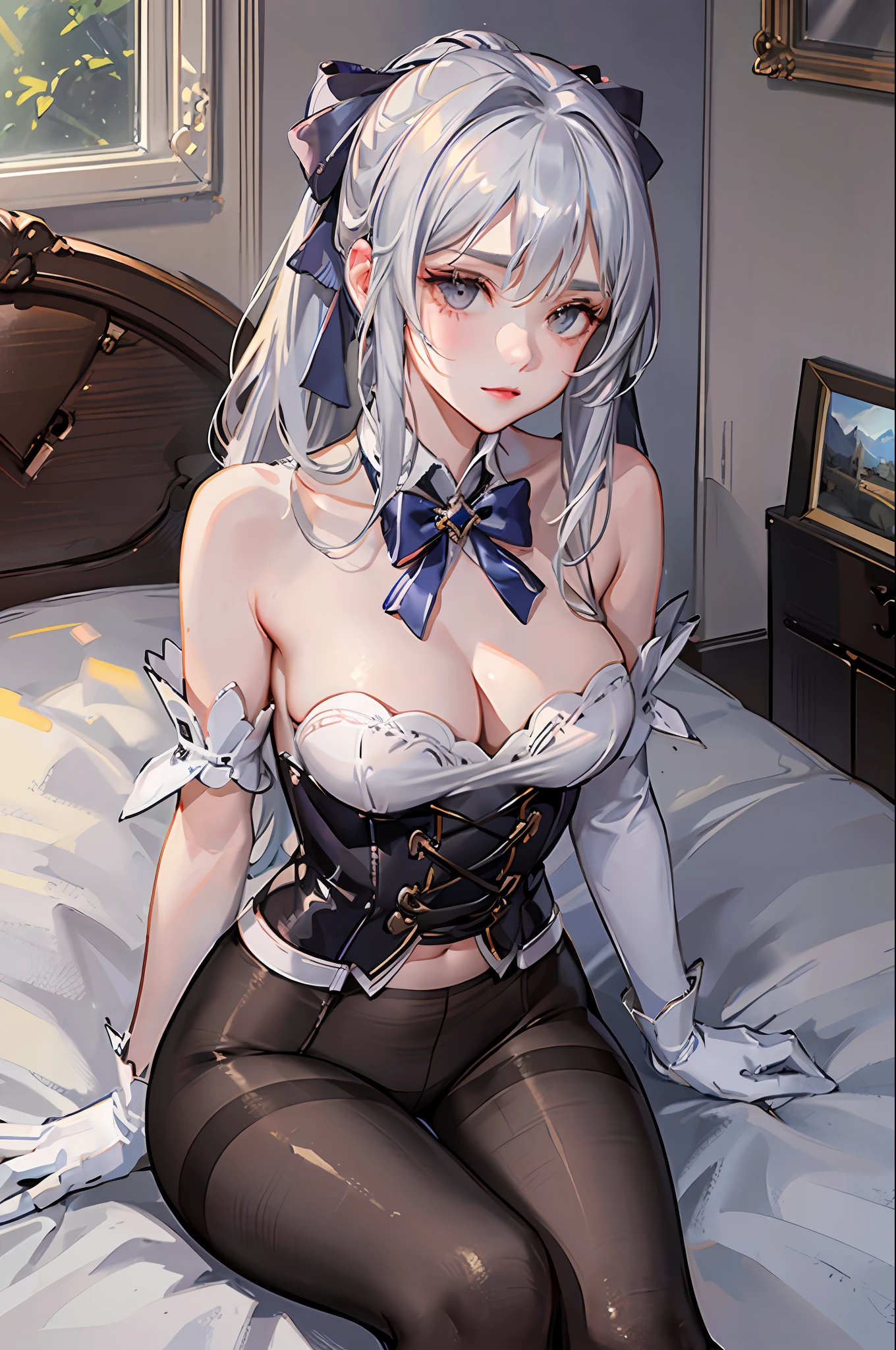 (((1 girl)),ray tracing,(dim lighting),[detailed background (bedroom)),((silver hair)),((silver hair)),(fluffy silver hair, plump slender girl)) with high ponytail)))) Avoid golden eyes in the ominous bedroom (((girl wears intricately embroidered transparent high-waisted pants with pantyhose) and white ruffled bow gloves), showing a delicate slender figure and graceful curves, correct limbs, sitting on the bed