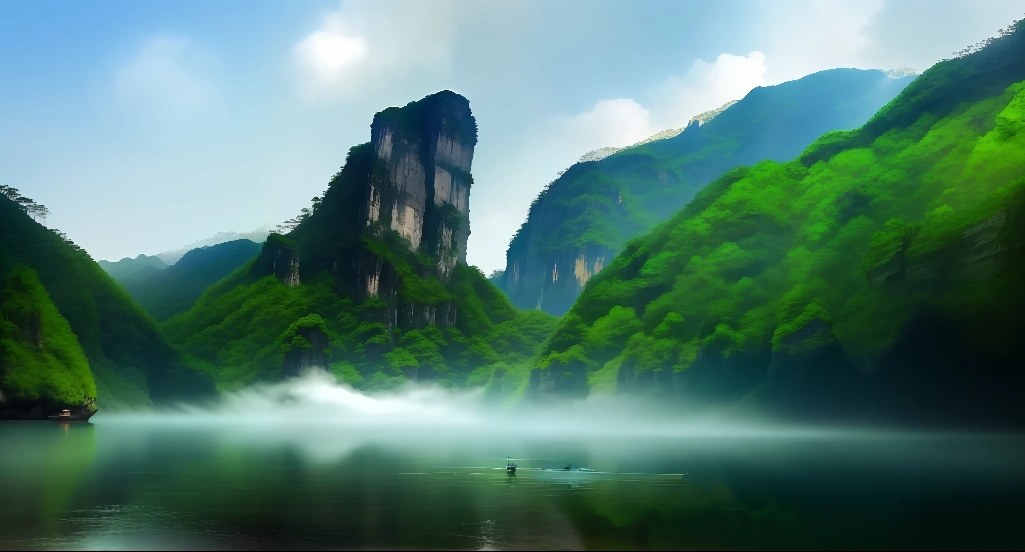 there is a boat that is floating in the water near a mountain, majestic nature scenery, zhangjiajie national forest park, zhangjiajie, beautiful and mysterious, guangjian, jin shan, by Yuan Jiang, stunning nature in background, zhangjiajie in early morning, floating mountains, sha xi, beautiful nature, by Ni Yuanlu