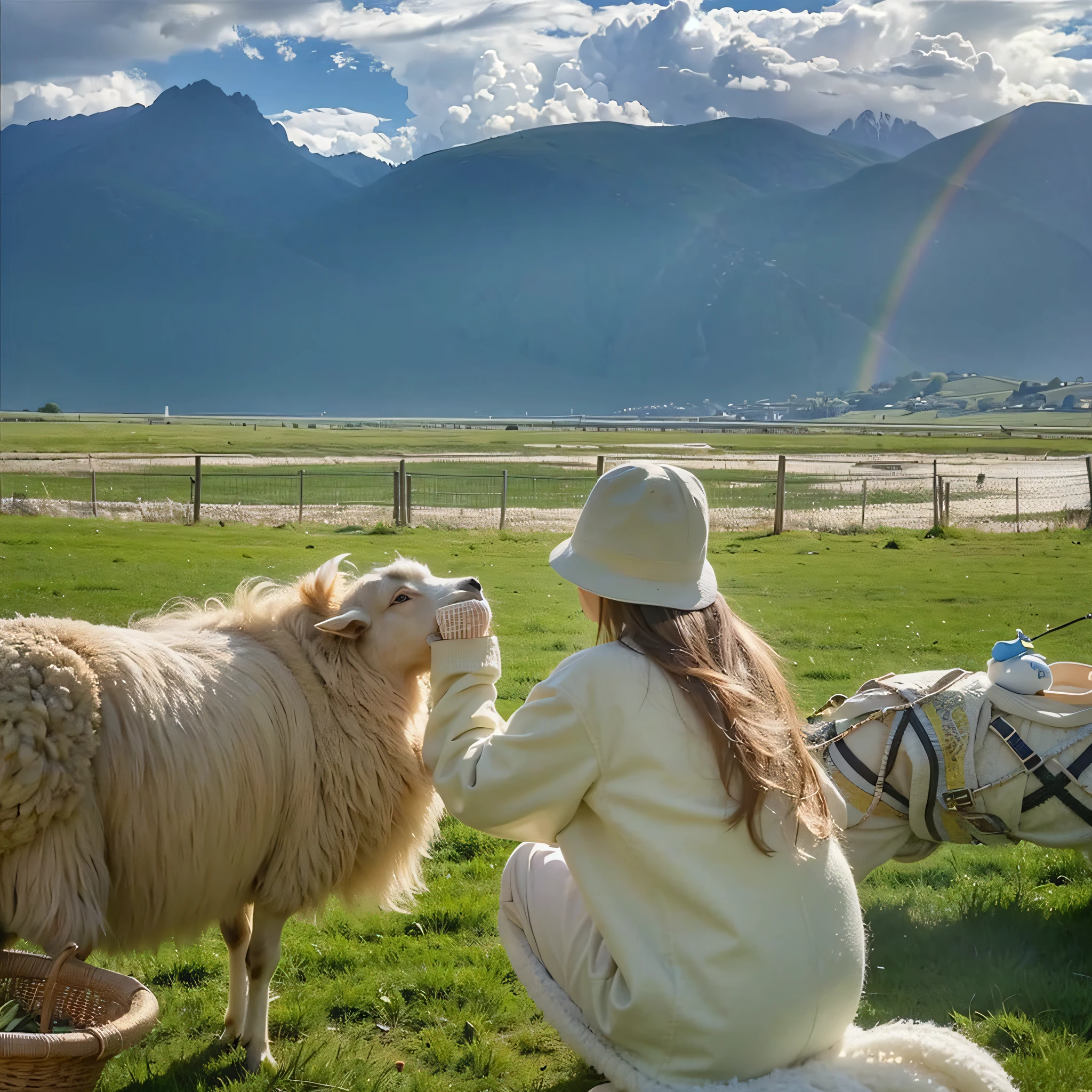 there is a woman kneeling down petting a sheep in a field, girl and a goat, 🌻🎹🎼, woman in a sheep costume, gorgeous lady, 2 0 2 2 photo, exclusive, rainbow sheep like cotton candy, sha xi, summer, on a sunny day, beautiful lady, 🐎🍑, white hanfu, lady, sheep wool