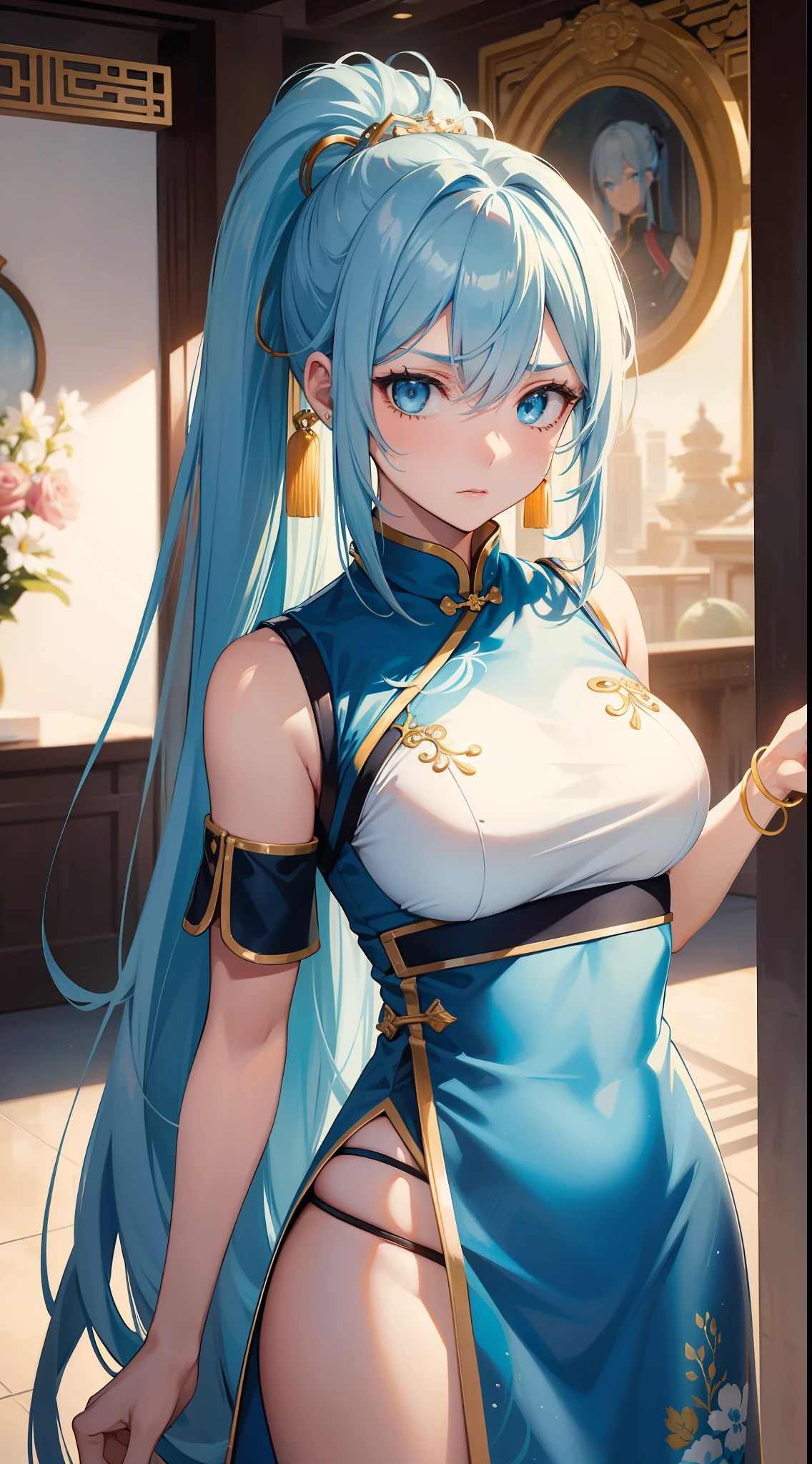 Adult girl, long blue hair with white strands, high ponytail, cyan eyes, blue and white sleeveless Chinese dress, fan, gold jewelry, serious look, security guards, masterpiece, high quality