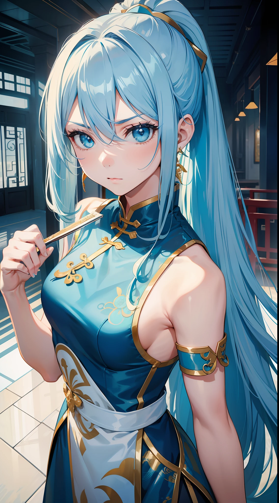 Adult girl, long blue hair with white strands, high ponytail, cyan eyes, blue and white sleeveless Chinese dress, fan, gold jewelry, serious look, security guards, masterpiece, high quality
