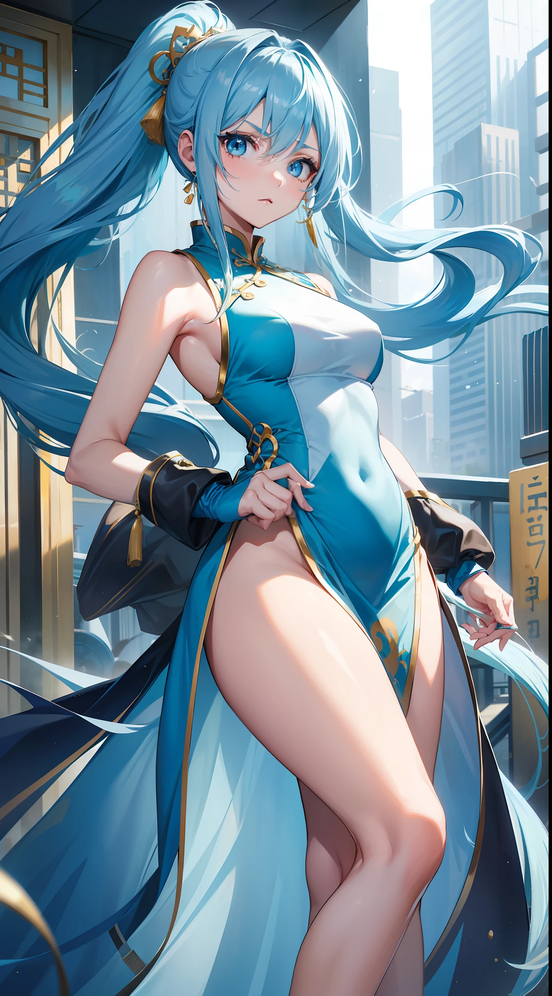 Adult girl, long blue hair with white strands, high ponytail, cyan eyes, blue and white sleeveless Chinese dress, fan, gold jewelry, serious look, security guards, masterpiece, high quality