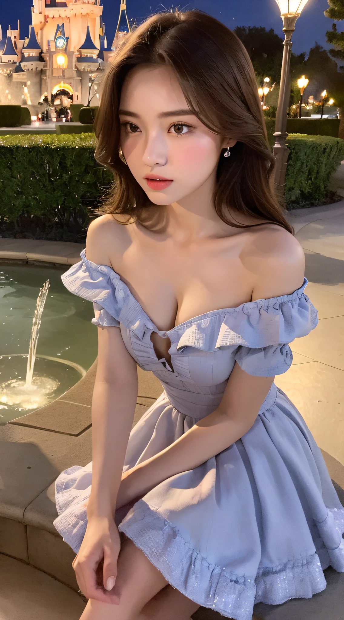 ((Night Scene, Realistic Light, Best Quality, 8k, Masterpiece: 1.3)), 1 Girl, Slim Body Beauty: 1.4, Brown Hair, (Big: 1.3), Off-Shoulder Cut Top: 1.3, Ultra Detailed Face, Detailed Eyes, Double Eyelids, Disneyland, Fountain, Cinderella's Castle, Cleavage