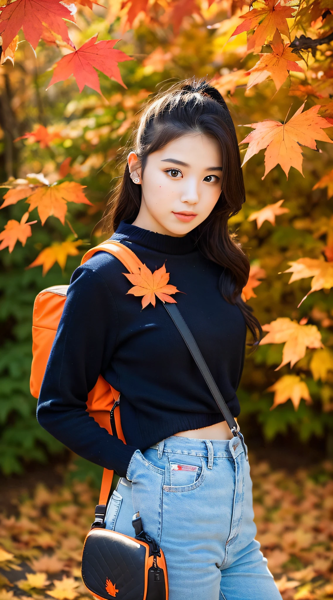 (a 18 year olds pretty girl, half frame body), (wearing casual, with backbag), ((background canadian orange maple leaf hill))