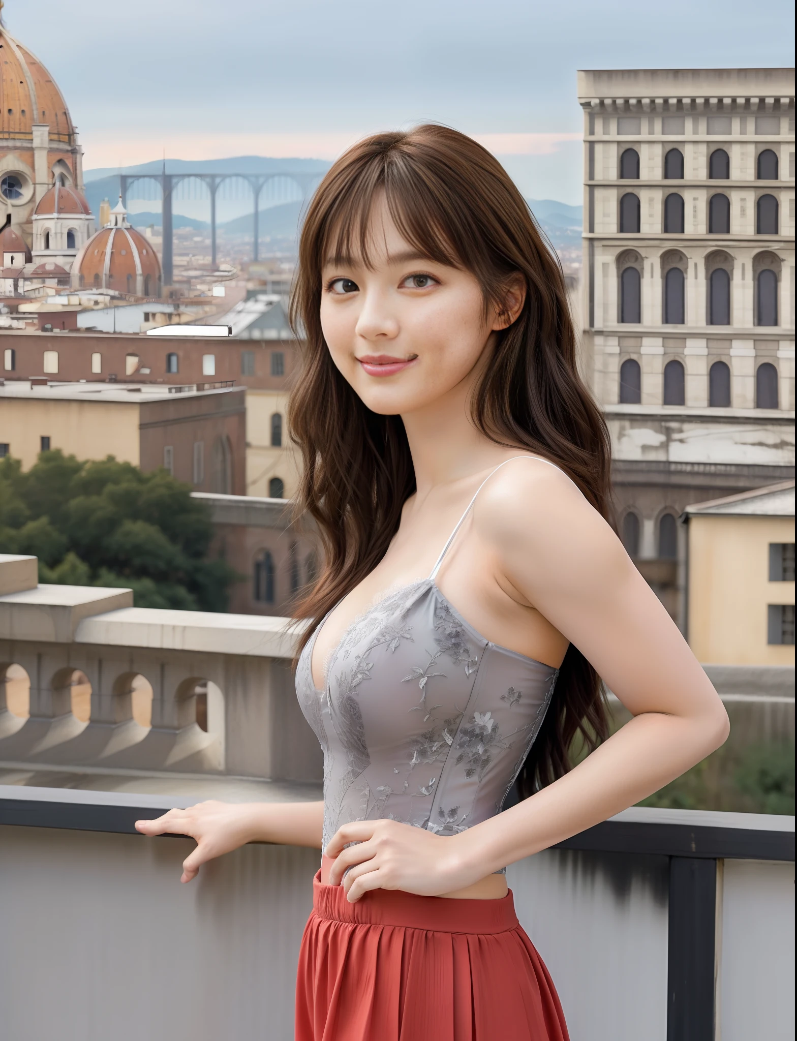 (extremely detailed CG unity 8k wallpaper), (masterpiece), (best quality), (ultra-detailed), (best illustration), (best shadow), ultra-high res, (realistic, photo-realistic:1.2), 1girls,Florence Cathedral background, smile, beautiful facke, brown hair, long hair,beautiful detailed girl, extremely detailed eyes and face, beautiful detailed eyes,cinematic lighting, looking at viewer,  blush,  cool & sexy \(idolmaster\), white gris swimsuit,  cleavage, medium breasts, upper body,  sunrise, mix4,