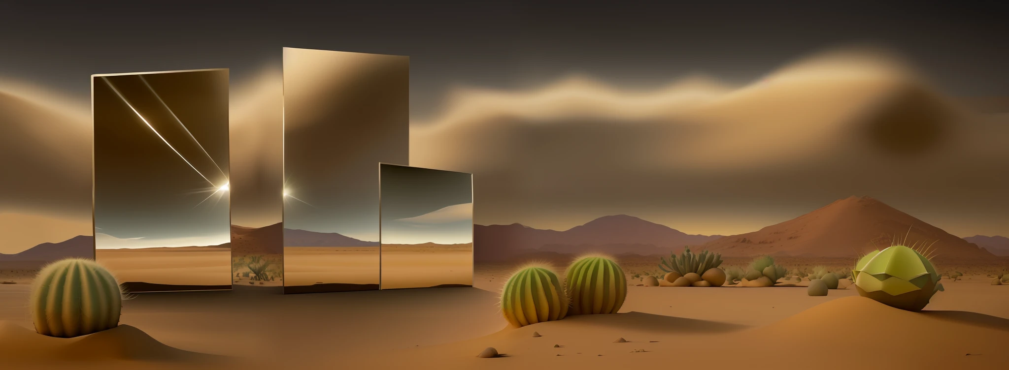 there are two cactus plants in the sand with a mirror, desert composition, desert scene, desert, desert in the background, sand and desert environment, futuristic in the desert, desert mirage, desert landscape, desert of distortion, in a desert, desert ambience, cool desert, desert environment, in the desert, surreal composition, flat desert, in desert, on the desert