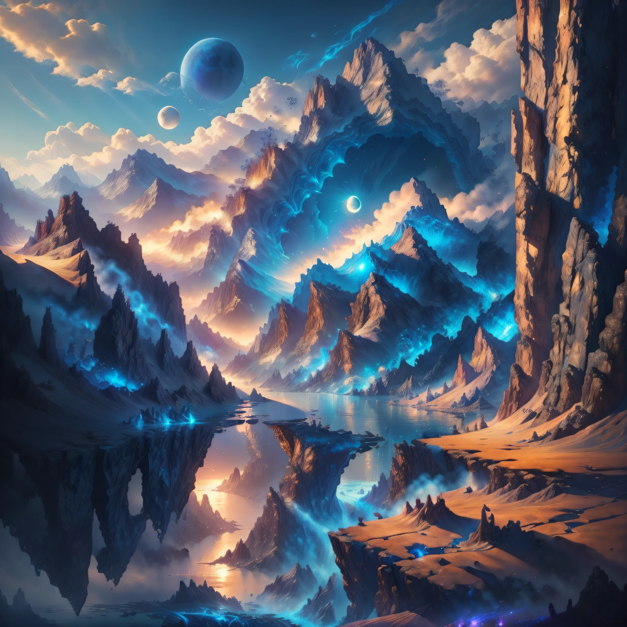 mountains and a lake with a moon in the sky, 4k highly detailed digital art, 4 k hd wallpaper very detailed, impressive fantasy landscape, sci-fi fantasy desktop wallpaper, unreal engine 4k wallpaper, 4k detailed digital art, sci-fi fantasy wallpaper, epic dreamlike fantasy landscape, 4k hd matte digital painting, 8k stunning artwork