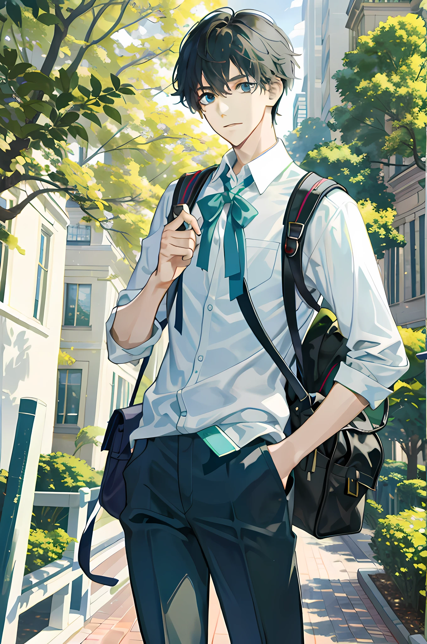 Masterpiece, Need for Good, 1boy, Male Focus, Handsome, Campus, Boulevard, Spindle Tree, Afternoon Sun, On the Way to School, School Uniform, Backpack, Front, Depth of Field