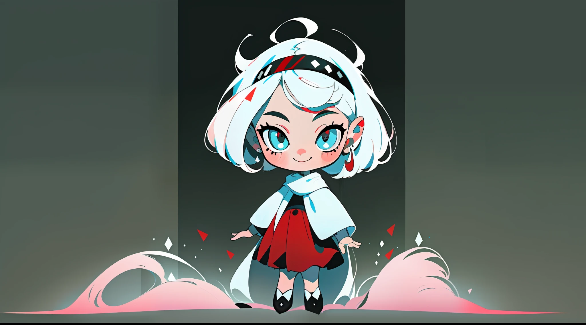 A happy fashion girl, gentle eyes, gray-white shawl hair, black pupils, red devil headband on head, white t-shirt, flat viewing angle, simple light, full body, standing, clean, vector art, character sheet, character design, concept art, cartoon, chibi, green background, (masterpiece: 1.2), (best quality: 1.3), ((minimalism))