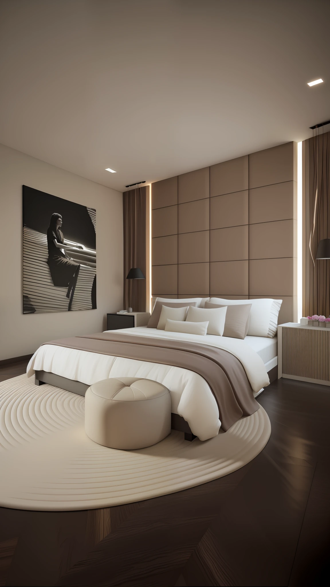 arafed bedroom with a large bed and a large painting on the wall, bed room, high quality 3d render, high quality 3 d render, bedroom interior, rendered in vray, vray 8k render, dim bedroom, luxury hd render, serene bedroom setting, in a bedroom, dramatic lighting render, rendered in corona, stuning 3 d render, hyper realistic