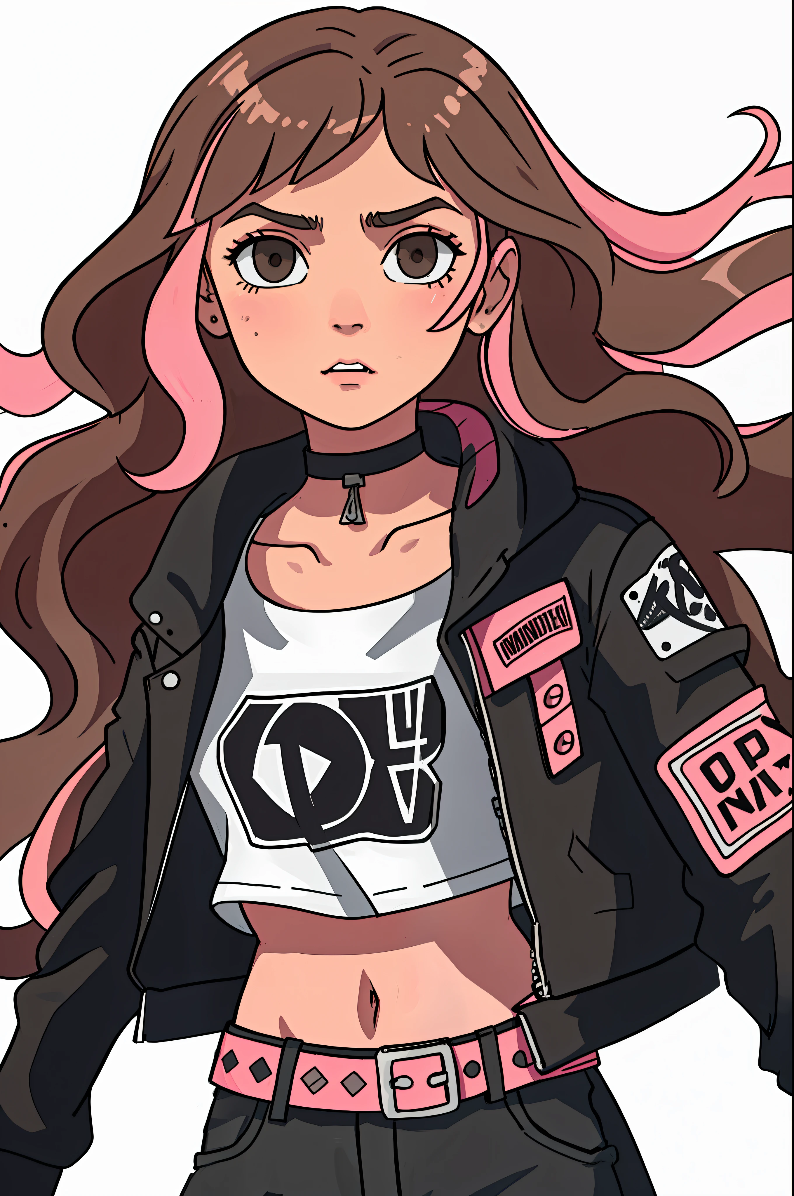 a waist length portrait of a punk girl in a leather jacket, long wavy hair with pink streaks, light brown eyes, fair skin, choker, highly detailed intricate film composition, cinematic lighting, hyper detailed, (white flat background)