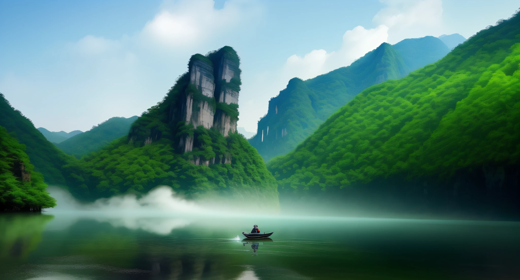  holding wireless microphone, there is a boat floating in the water near a mountain, majestic natural scenery, Zhangjiajie National Forest Park, Zhangjiajie, beautiful and mysterious, Guangjian, Jinshan, by Yuanjiang, amazing natural scenery in the background, early morning Zhangjiajie, floating mountain, Shaxi, beautiful nature, by Ni Yuanlu, avatar