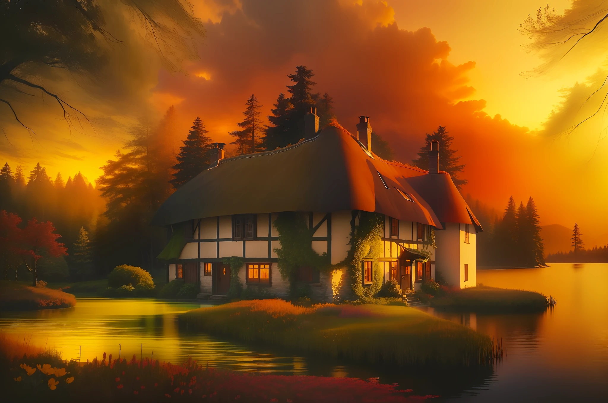painting of a cottage on a lake with a sunset in the background, idyllic cottage, cottage, cottage in the forest, cottage in the woods, beautiful render of a fairytale, warm beautiful scene, fantasy house, cottagecore, witch cottage in the forest, solitary cottage in the woods, dramatic warm morning light, thatched houses, cottages