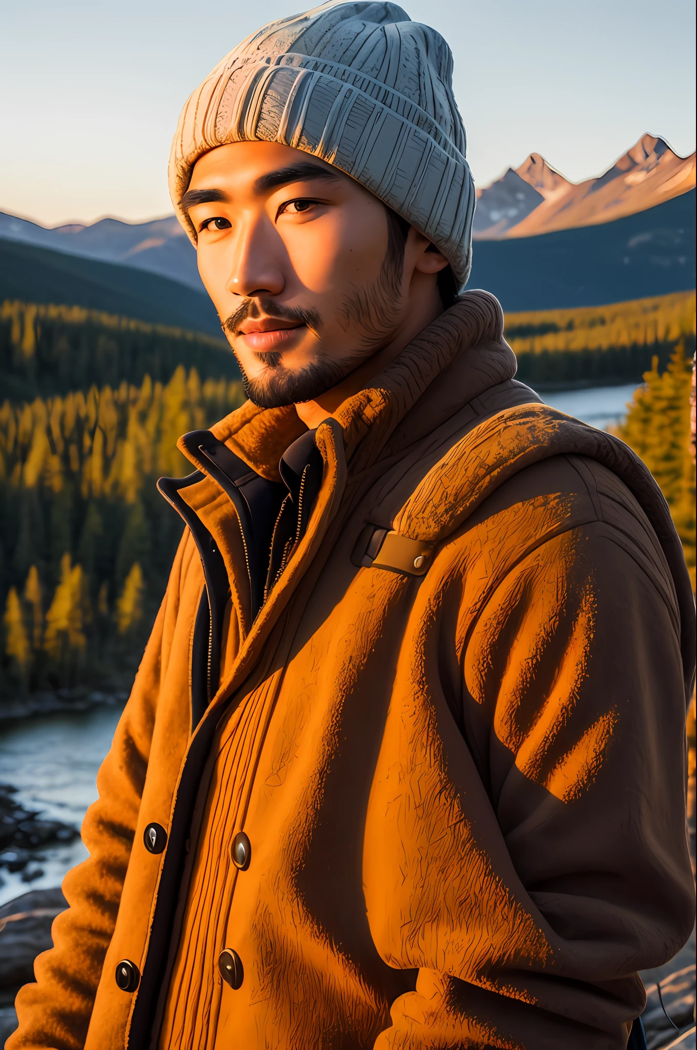 Godfrey Gao ((upper body selfie, happy)), masterpiece, best quality, ultra-detailed, solo, outdoor, (night), mountains, nature, (stars, moon) cheerful, happy, backpack, sleeping bag, camping stove, water bottle, mountain boots, gloves, sweater, hat, lantern, forest, stones, river, wood, smoke, shadows, contrast, clear sky, style, (warm hue, warm tone): 1.2), close-up, cinematic light, side lighting, ultra high resolution, best shadow, RAW, upper body, wearing pullover