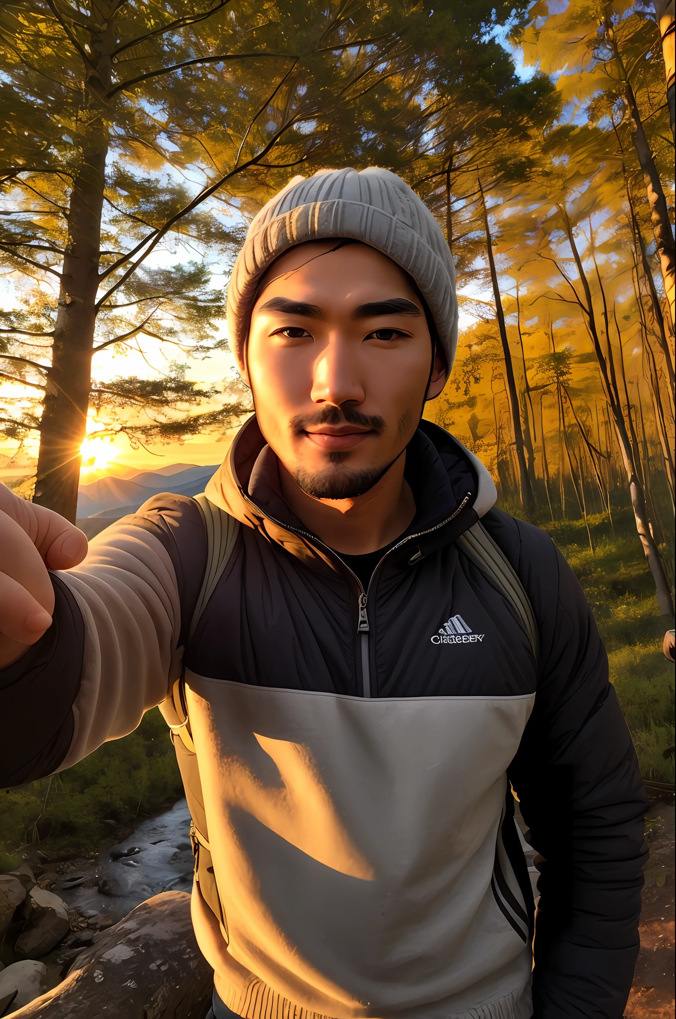 Godfrey Gao ((upper body selfie, happy)), masterpiece, best quality, ultra-detailed, solo, outdoor, (night), mountains, nature, (stars, moon) cheerful, happy, backpack, sleeping bag, camping stove, water bottle, mountain boots, gloves, sweater, hat, lantern, forest, stones, river, wood, smoke, shadows, contrast, clear sky, style, (warm hue, warm tone): 1.2),  close-up, cinematic light, side lighting, ultra high resolution, best shadow, RAW, upper body, wearing pullover