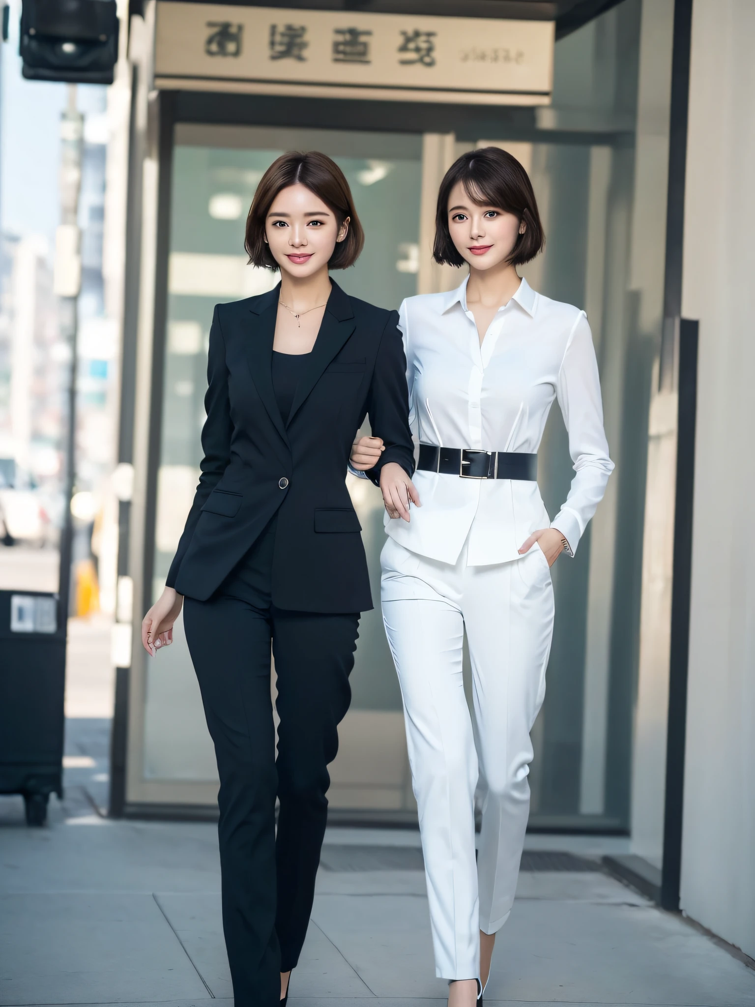 ((Best Quality, 8k, Masterpiece: 1.3)), 1 girl, smile, full body, slim face, pretty woman, short hair, upper body white crisp shirt lower body black straight suit pants, high heels, super detailed face, detailed eyes, double eyelids, blurred background, slim face, street, tall building