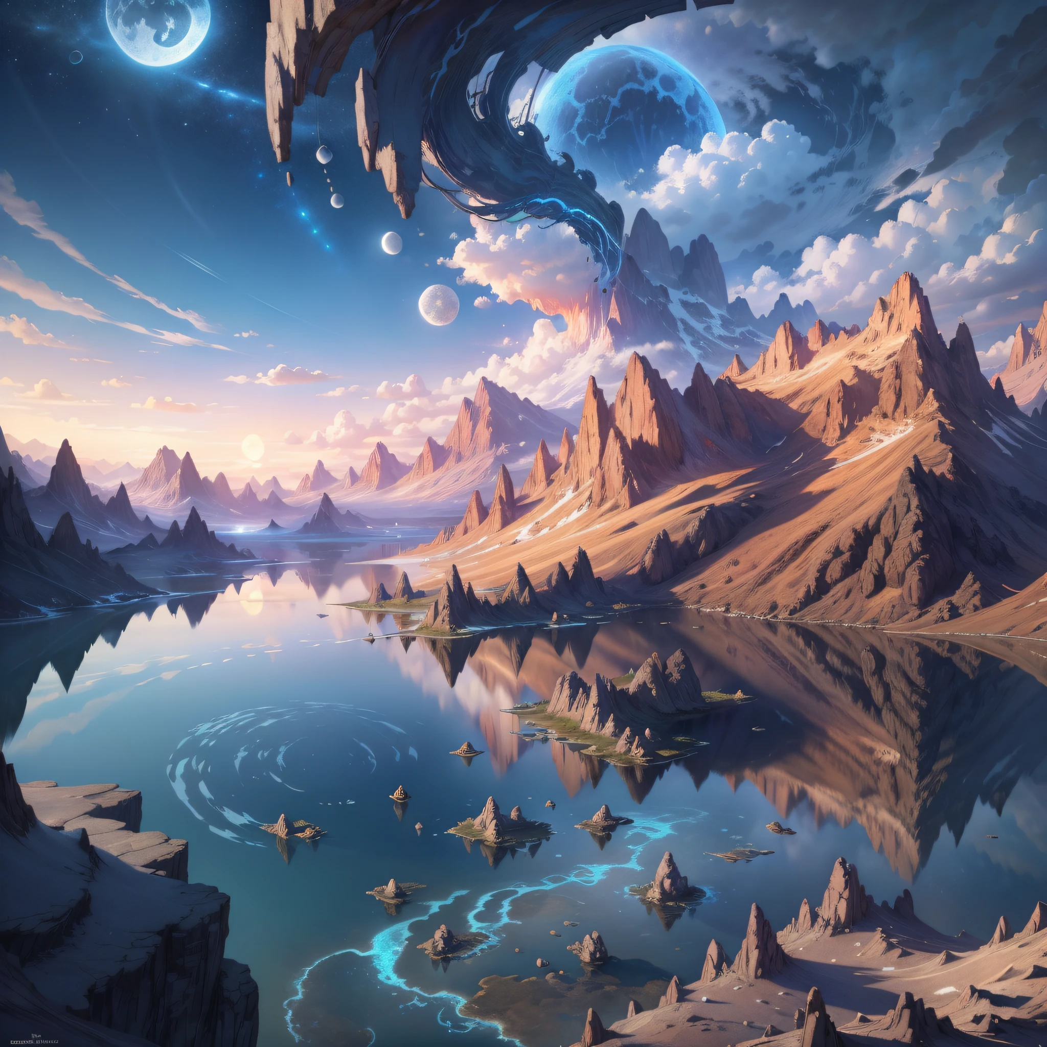 mountains and a lake with a moon in the sky, 4k highly detailed digital art, 4 k hd wallpaper very detailed, impressive fantasy landscape, sci-fi fantasy desktop wallpaper, unreal engine 4k wallpaper, 4k detailed digital art, sci-fi fantasy wallpaper, epic dreamlike fantasy landscape, 4k hd matte digital painting, 8k stunning artwork