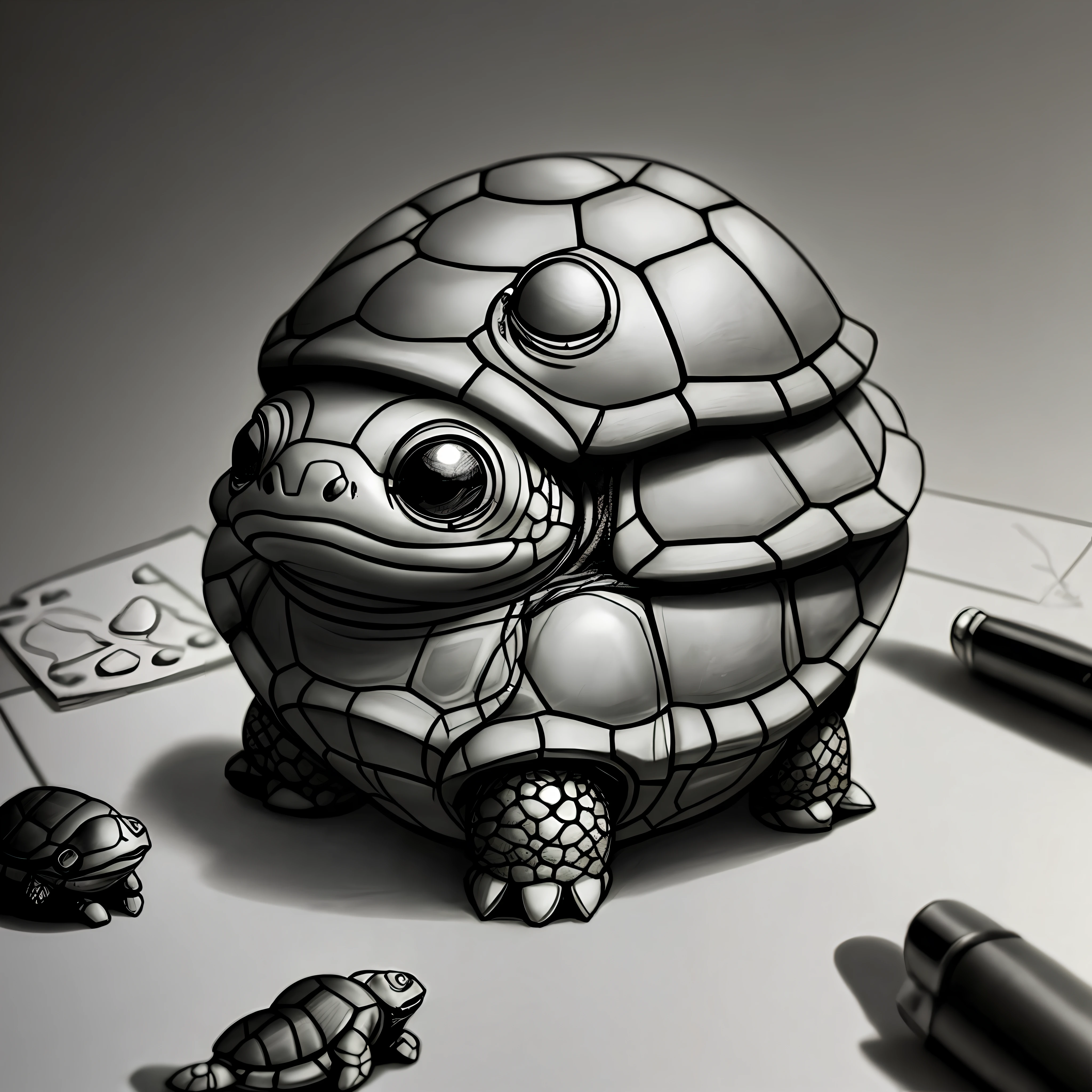 Blind box, little turtle, scan, black and white, sketch, light and shadow, projection, cute --auto --s2