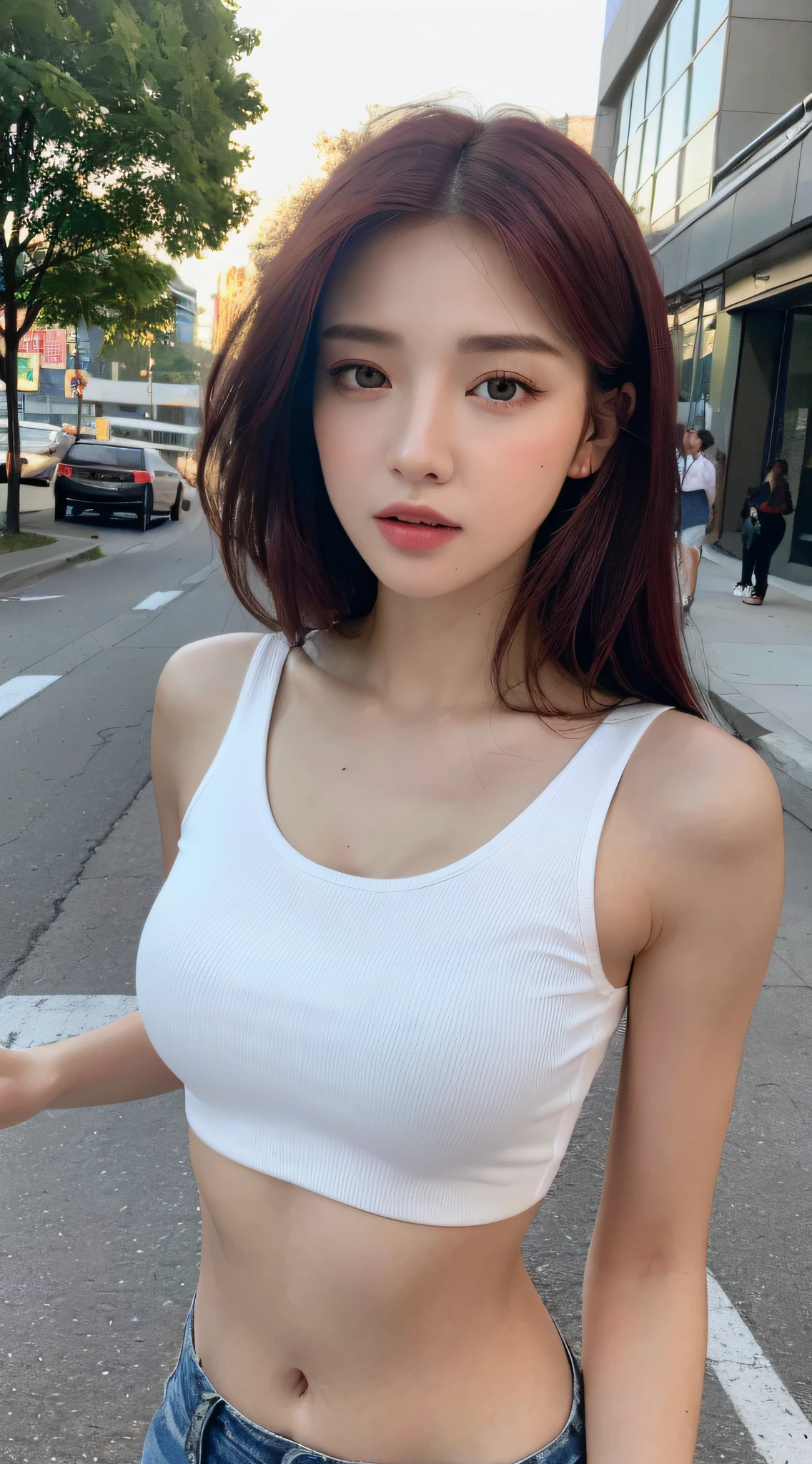 ((Realistic lighting, Best quality, 8K, Masterpiece:1.3)), Clear focus: 1.2, 1girl, Fat beauty: 1.4, ((Red hair)), (White crop top: 1.4), (Outdoor, night: 1.1), City streets, Super fine face, Fine eyes, Double eyelids,