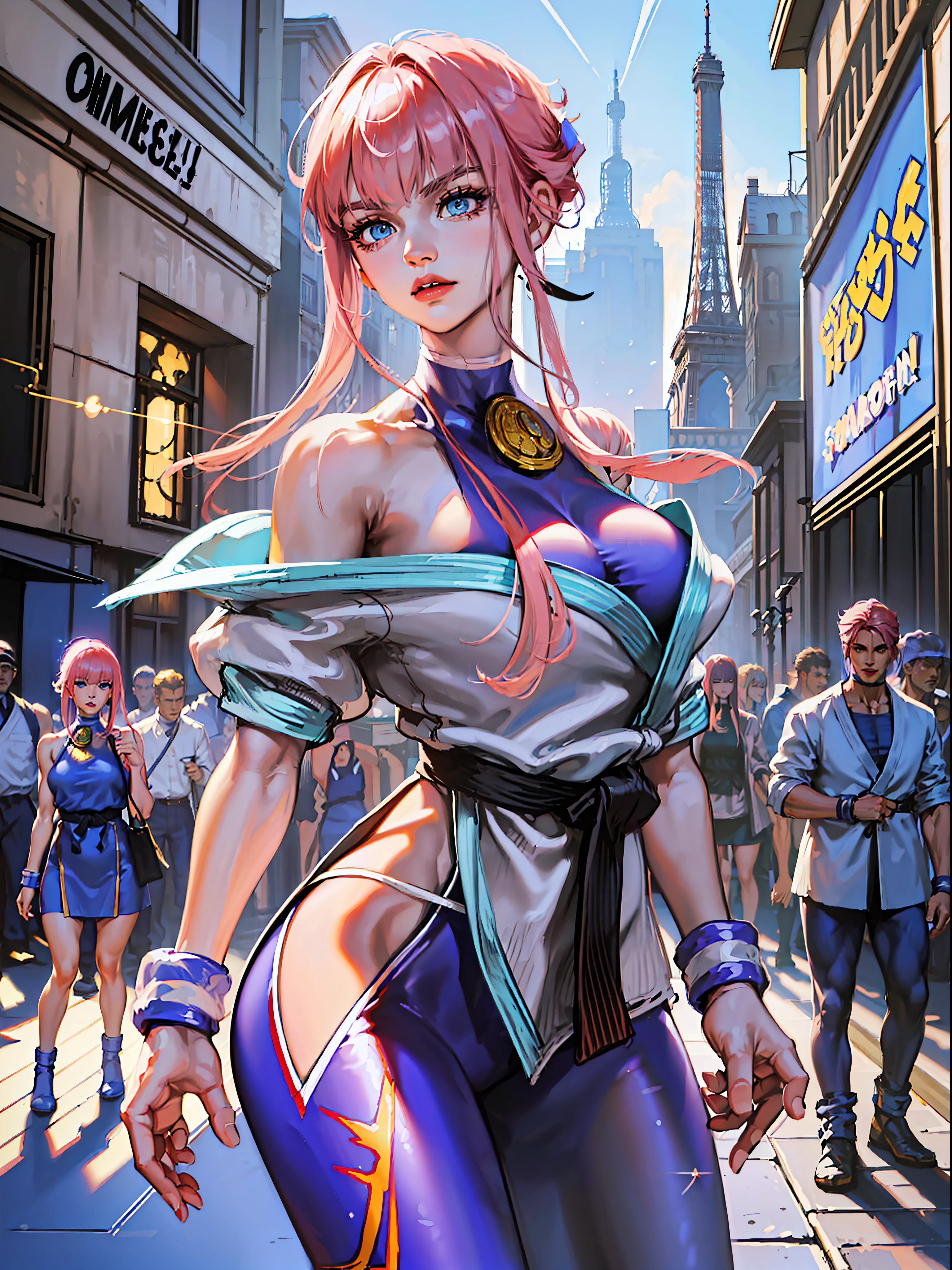 ((Best Quality, 8K, Masterpiece: 1.3)), ((A Manon who conforms to the official Street Fighter 6, doing the action of the opening of the game)), short pink shiny hair, (Manon wearing a Street Fighter 6 costume), European Frenchman, 175cm, 30 years old, detailed face, detailed skin texture, (big eyes: 1.2 long eyelashes), long legs, perfect body proportions, mid-chest, (fitness figure, with obvious muscles), pink nails, perfect facial features, symmetrical face, three-dimensional, full of confident eyes sparkling, best light, ray tracing, photon mapping, (in the distance is the Eiffel Tower in Paris, walking the red carpet in front of the palace, like a star shooting a magazine, the focus of the whole scene, there are super many reporters on both sides of the red carpet, lively lights in Paris at night), (movie lighting), official illustrations, CG of game characters, (fine modeling, texture of clothes), (overhead shot, close-up of faces, shooting angles from top to bottom), complex reflections, there are light particles on the characters shining, (Shiny Glitter on Body: 1.6), there were Street Fighter 6's Ken and ChunLi in the crowd