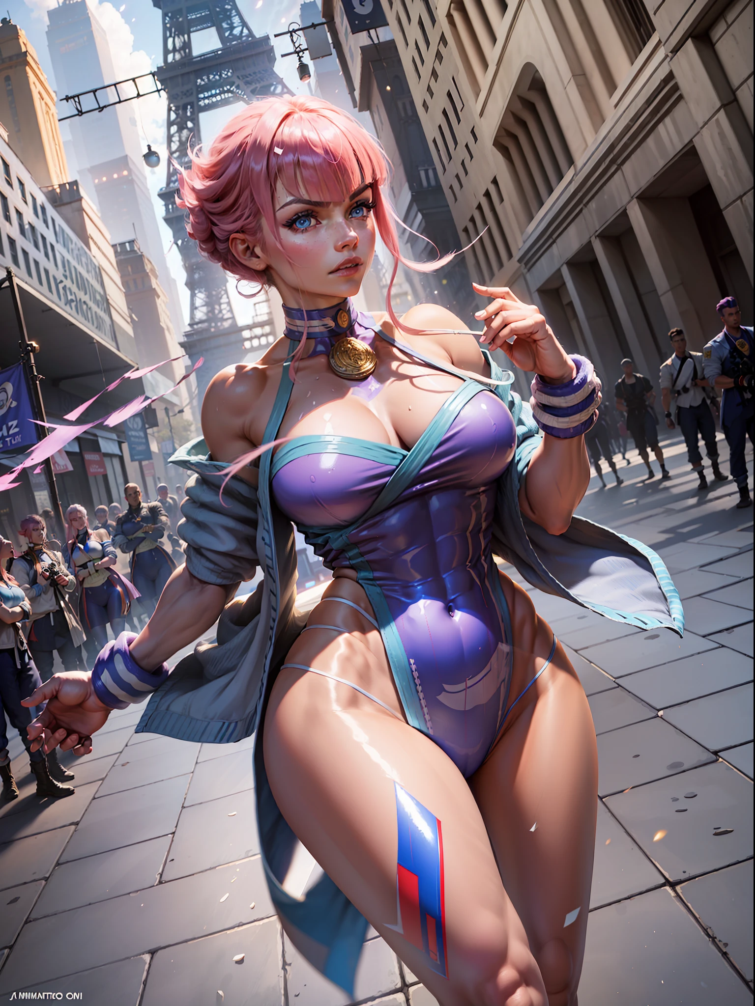 ((Best Quality, 8K, Masterpiece: 1.3)), ((A Manon who fits the official Street Fighter 6, doing the opening action of the game)), Pink shiny short hair, (Manon wears a Street Fighter 6 costume), European Frenchman, 175cm, 30 years old, detailed face, detailed skin texture, (long eyes: 1.2, large eyes, pronounced eyelids, long eyelashes), long legs, perfect body proportions, mid-chest, (fitness figure, with pronounced muscles), pink nails, Perfect facial features, symmetrical face, high nose bridge, three-dimensional, confident eyes shining, best light, ray tracing, photon mapping, (the Eiffel Tower in the distance, walking the red carpet in front of the palace, like a star shooting a magazine, the focus of the whole scene, there are super many reporters on both sides of the red carpet to take photos, night, night, lively lights), (movie lighting), official illustrations, CG of game characters, (fine modeling, texture of clothes), (shooting with a tilt lens, shooting with a DSLR camera from a distance, shooting angle from top to bottom), Complex reflection, the character has light particles shining brightly, (shiny shining powder on the body: 1.6, shiny powder shining because of the reflection Very dazzling),