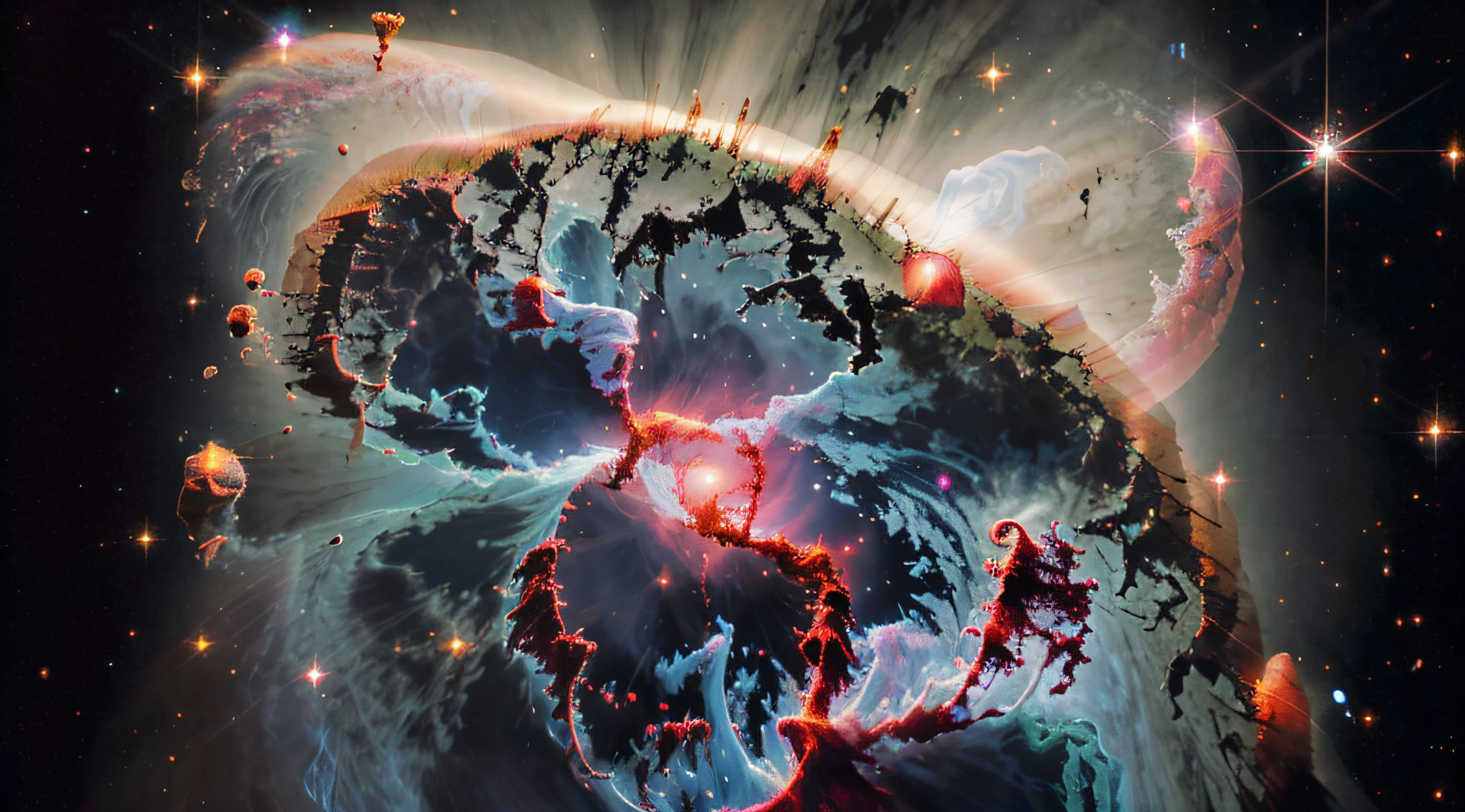 (8k, RAW photo, best quality, highres:1.2), (realistic, photo-realistic:1.37), nebulae, stars, stars in the background, galaxy,galaxies in the background, milky_way , glint , [sparkle_background], flare, space, deep space, picturesque, blackhole , supermassive blackhole , twilight, [starry_background], bright white, bright blue, red, orange, cyan, yellow, purple, pink, green, azure , aerial_fireworks, constellation, constellation_print, dusk, dust, halftone_background, light_particles, sparkler, starry_background, telescope, twilight, ((black background, dark_background):1.5), Fraunhofer diffraction,