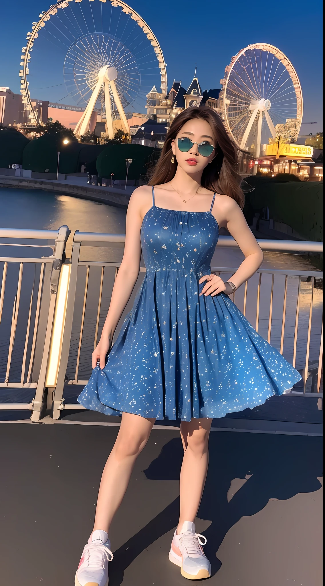 (Beautiful and magnificent skyline, magnificent sky), (Dramatic and dramatic graphics, moving visuals), (Hanging North Star, colorful natural light), Realistic, Masterpiece, Best Quality, (Very Detailed CG Unity 8k wallpaper) (Best Quality), (Best Illustration), (Best Shadow, , Slim Beauty: 1.4, Brown hair, , Full legs, pink dress, , Light blue sunglasses, gold piercings, colorful sneakers, ((Night view, Realistic light, best quality, 8k, masterpiece: 1.3)), Disneyland, Ferris wheel, super detailed --v6