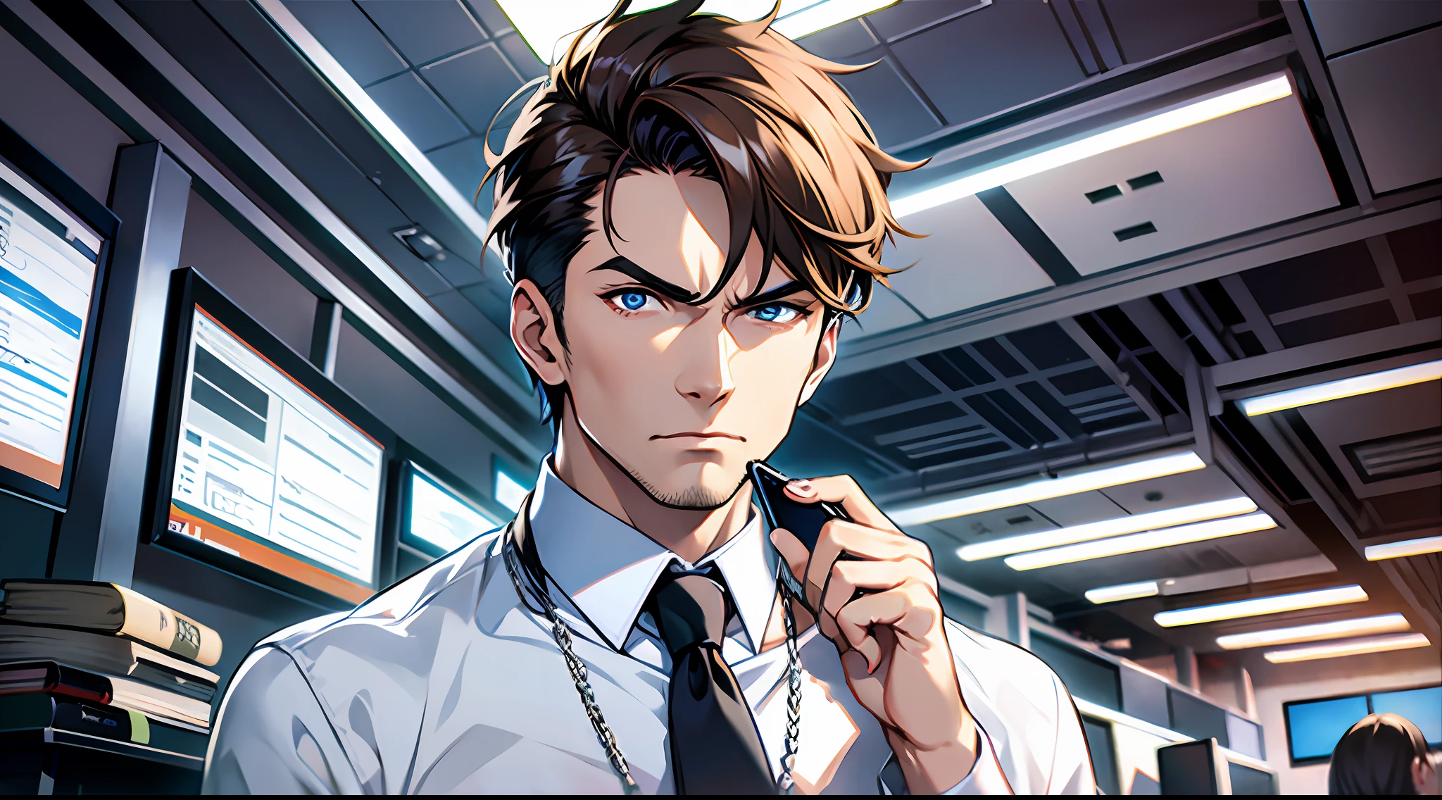 Masterpiece, best quality, men, short hair, luxurious office, angry, mobile phone