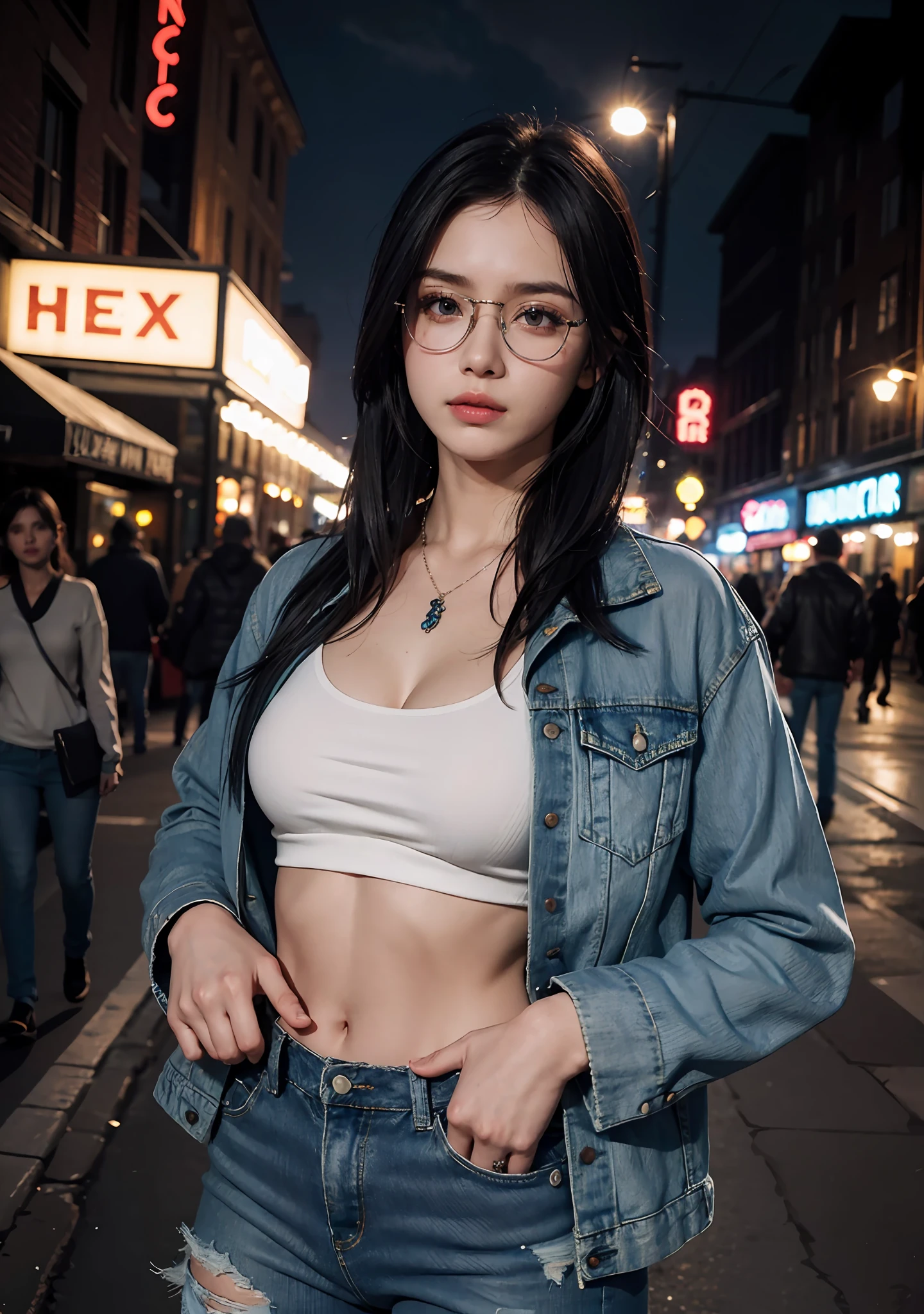 masterpiece, best quality, realistic, highly detailed, 1girl, solo, cowboy shot, gangster girl, blue hiar, hair between eyes, blue jacket, tatto on neck, baseball bat, short jeans, glasses, medium breasts, standing, city, outdoors, night,