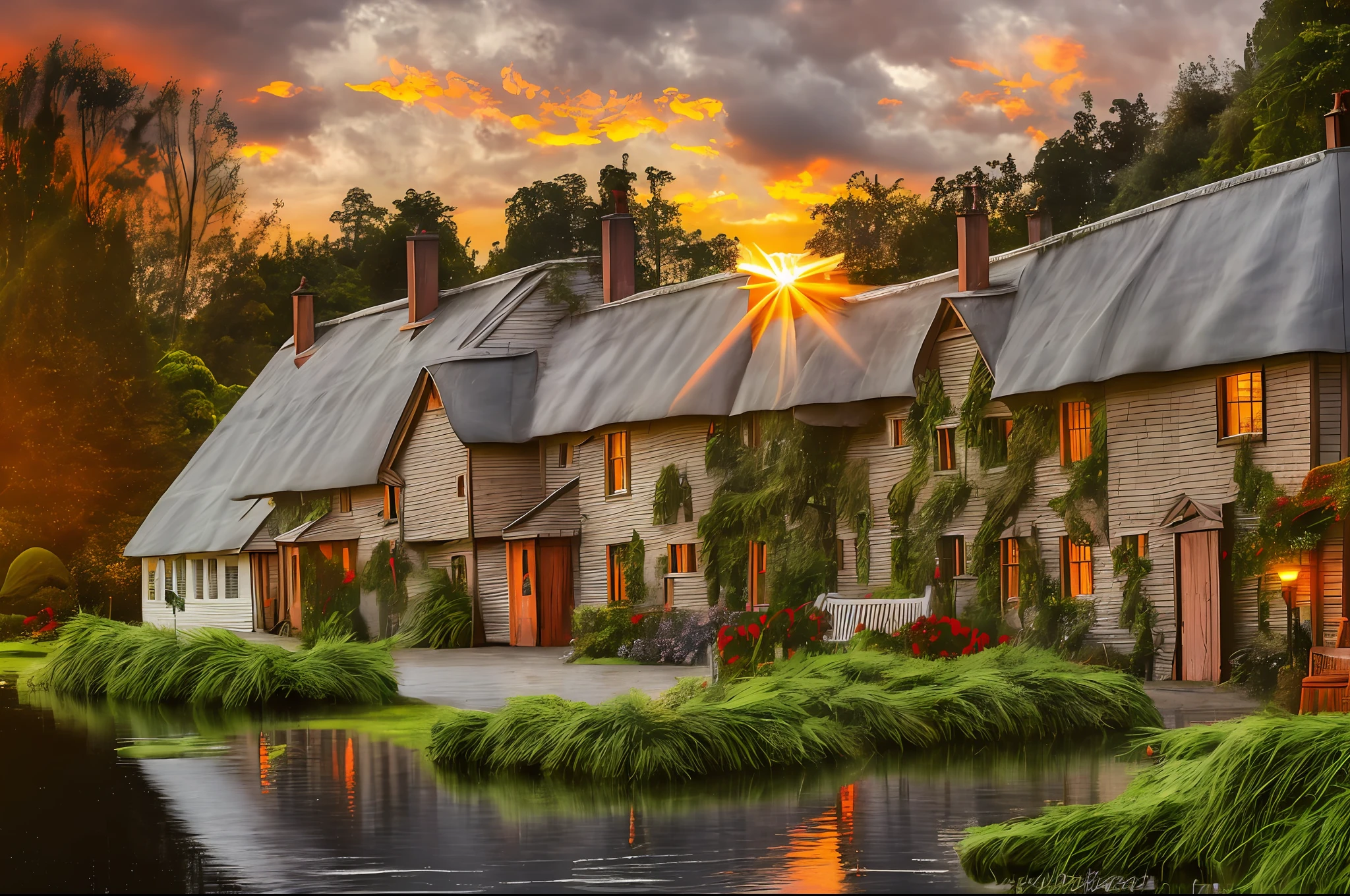 by (phse), High Angle oil painting, (Colonial House:1.2) on a lake, (Log Roof:1.4),Stormy, Dusk,Topiary Garden, alaska