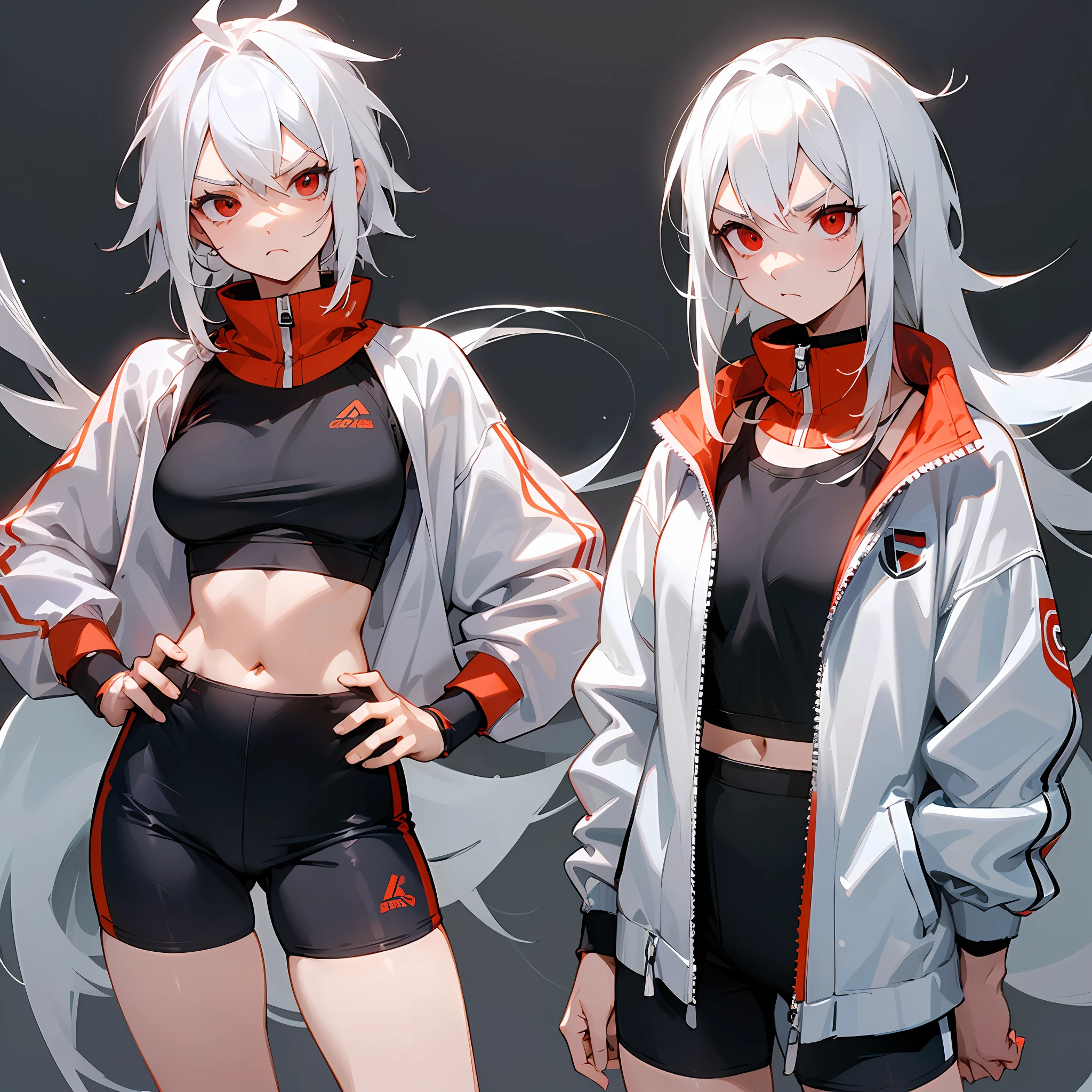 (pure simplicity, sporty style, black background, white-haired girl , red eyes [sports bras, sports shorts, vista, disdain expression])"