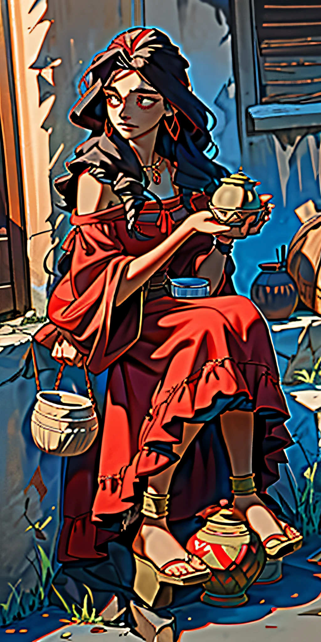 The owner of Hamlet, a gypsy maiden in a red dress with curly black hair, stood on the side of the road with a clay pot in her hand, feeding water to the frail beggar kneeling next to her. The beggar is covered in tattered clothes, his beard and hair are disheveled, and his hands are tied by iron handcuffs,