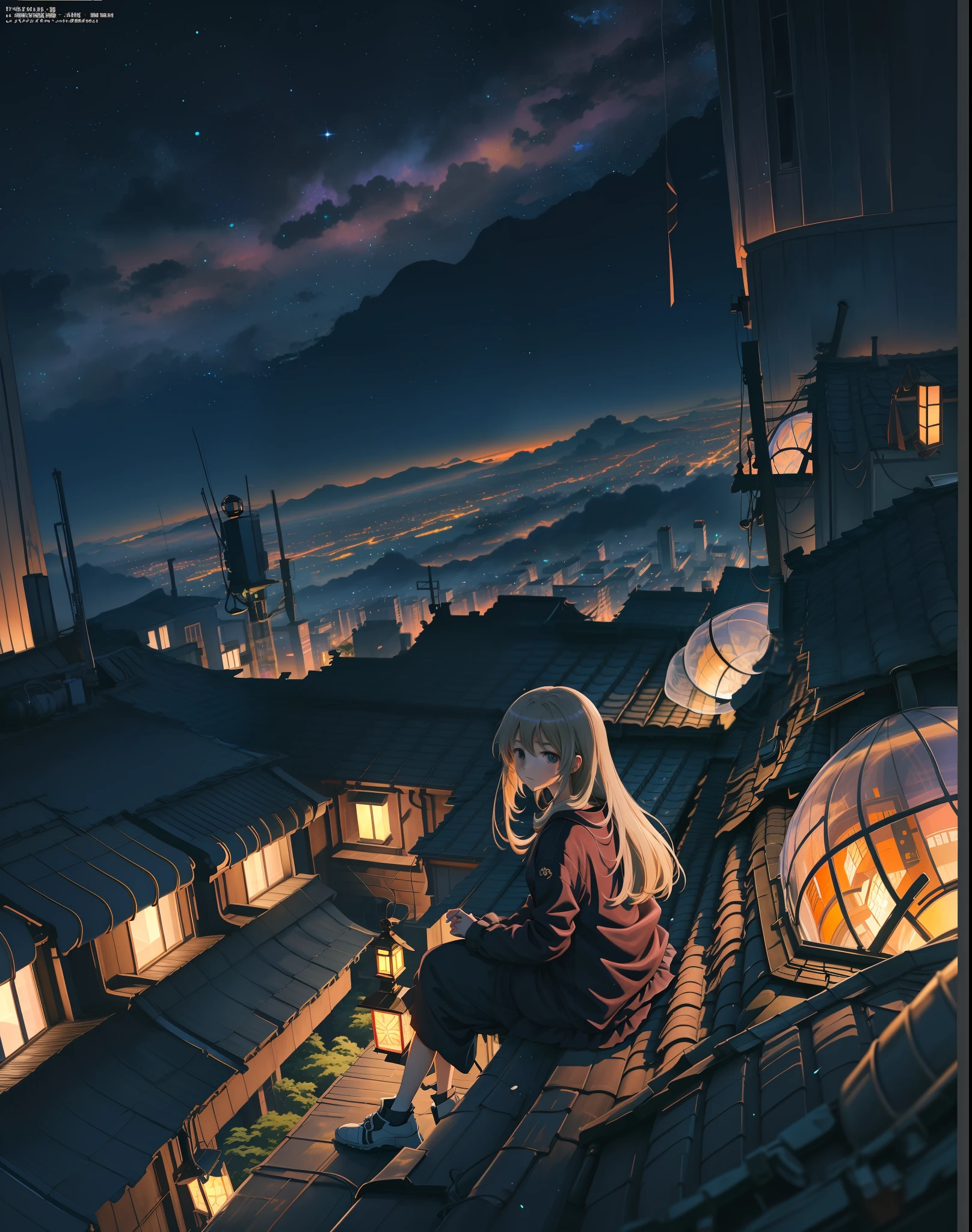 anime girl sitting on roof with lantern lights looking at city, anime art wallpaper 4 k, anime art wallpaper 4k, girl sitting on a rooftop, anime art wallpaper 8 k, 4k anime wallpaper, anime wallpaper 4 k, anime wallpaper 4k, beautiful anime scene, anime style 4 k, anime background art, 4 k manga wallpaper, beautiful anime artwork