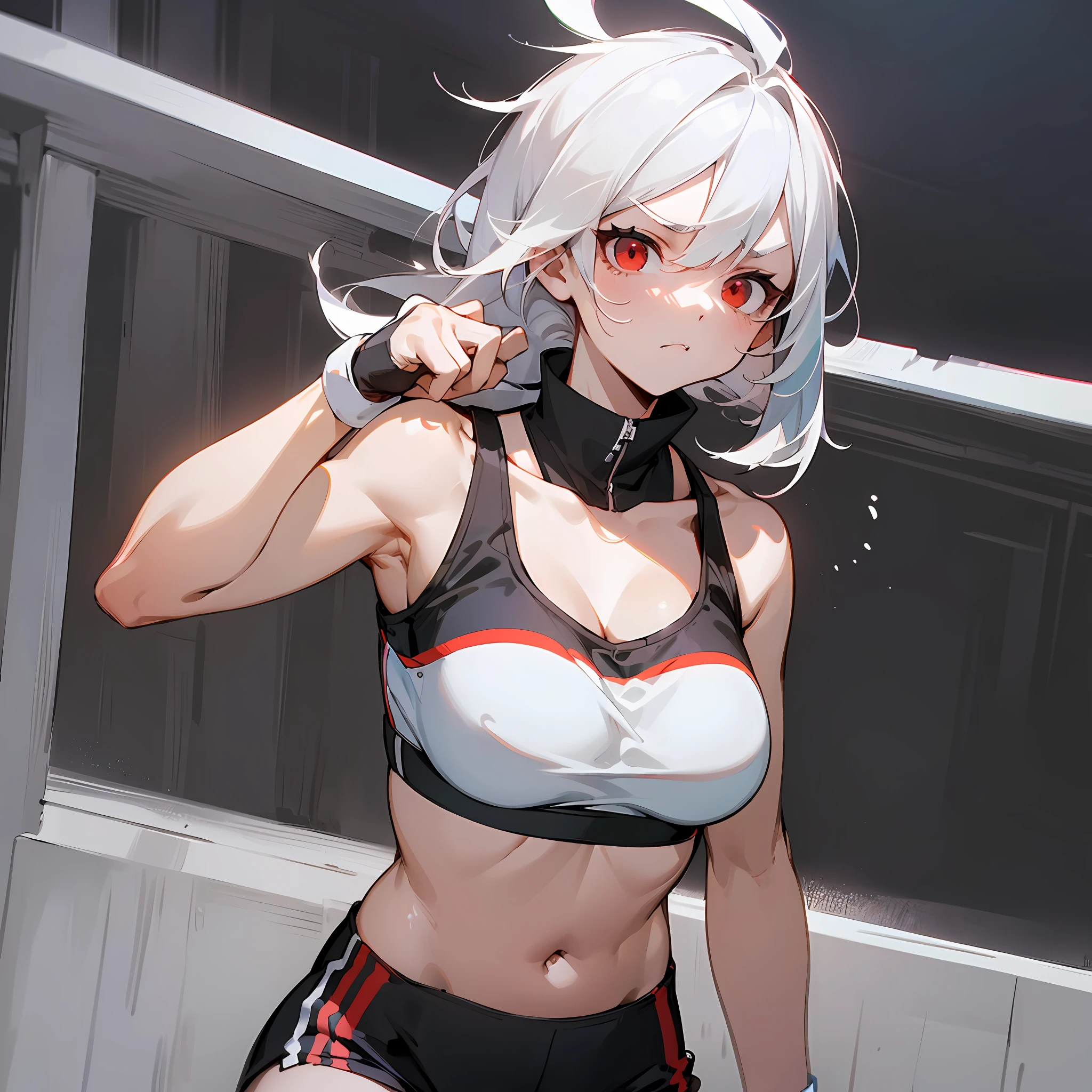 (pure simplicity, sporty style, black background, white-haired girl , red eyes [sports bras, sports shorts, vista, disdain expression])"