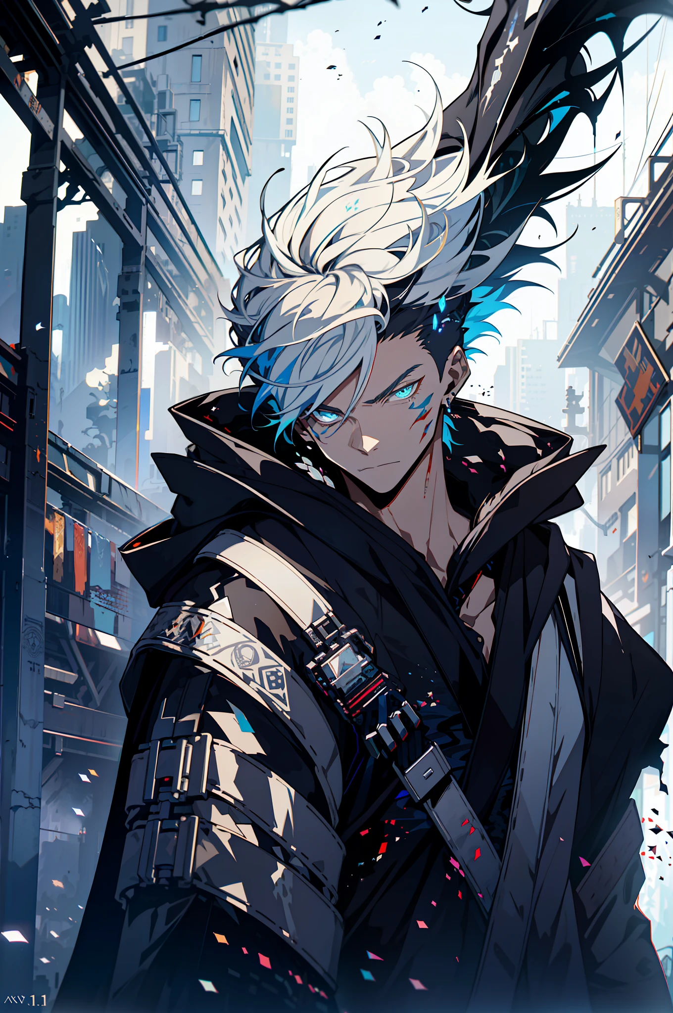 Cyberpunk male, fantasy world, dark background, clean design, epic instagram, artstation, colorful paint splatter, silhouette, hyper detailed intricate details, unreal engine, fantasy, intricate details, splash screen, complementary colors, Fantasy concept art, 8k resolution, deviantart masterpiece, oil painting, heavy strokes, paint dripping, (isolated on white background: 1.3), rainbow skin, (((handsome young man))), ((teenage:1.5) ), (glowing blue eyes), ((light eyes)), ((((short white hair: 1.1))), ((black clothes)), (prince\\(indifferent expression\\),, ( ((Wears high detail luxurious black robe))), white hair, (chest) --v 6