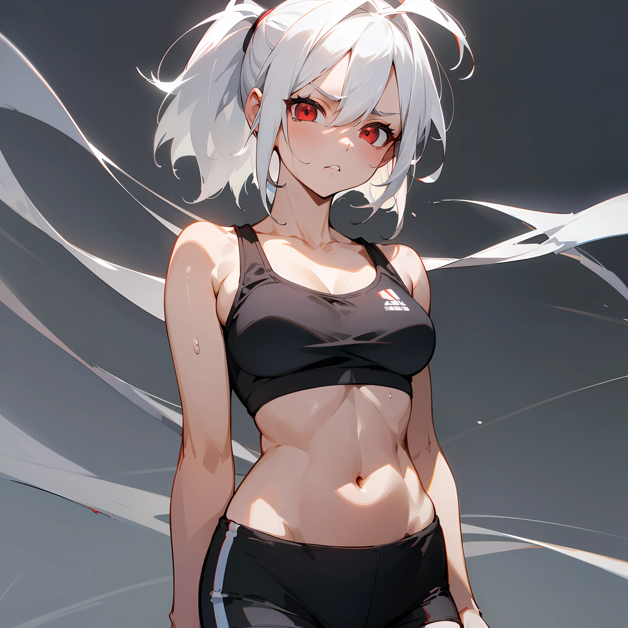 (pure simplicity, sporty style, black background, white-haired girl , red eyes [sports bras, sports shorts, vista, disdain expression])"