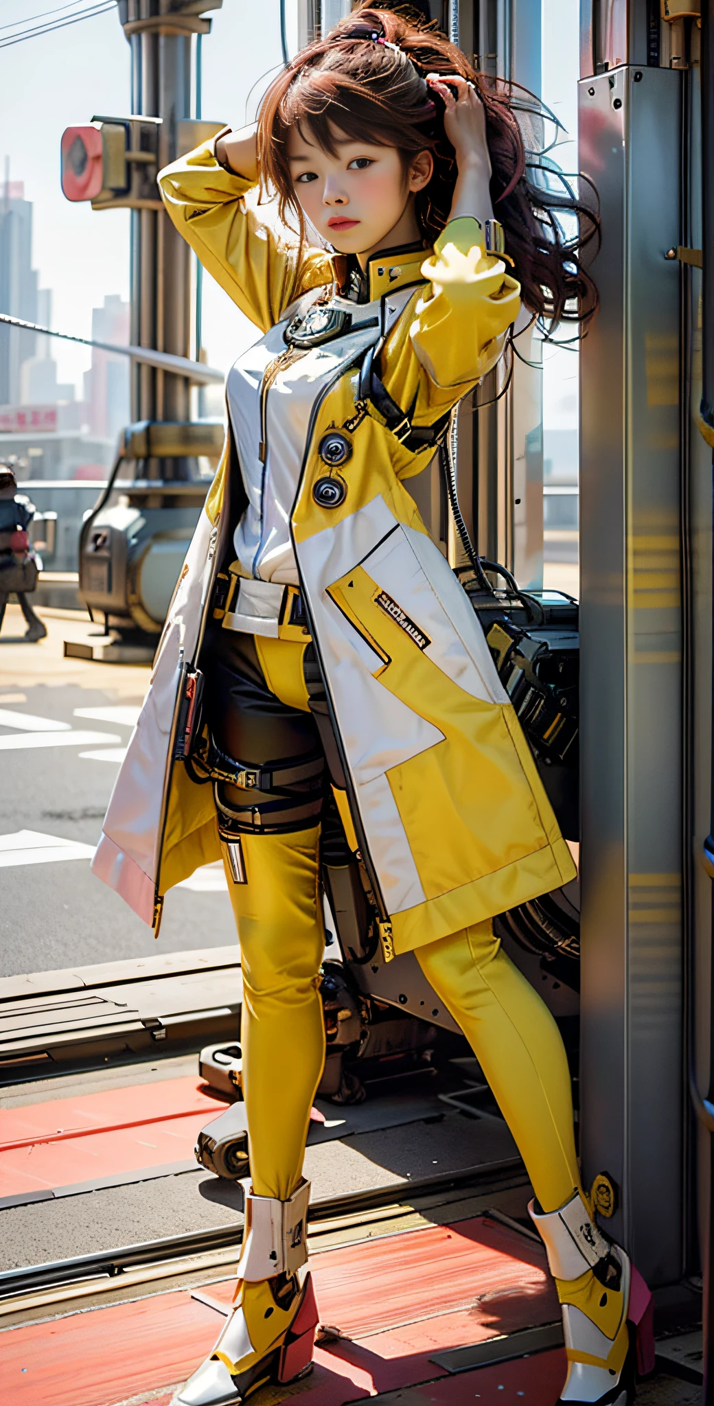 (8k, RAW photos, highest quality, masterpiece: 1.7). (Realistic, Photorealistic: 1.9) (masterpiece) (ultra realistic) (best quality) (smartly detailed) (portrait:1.5) (bokeh) 1 girl. Japanese. Woman. Tokyo's cityscape, Professional lighting. Photon mapping. a stunning cyborg woman. Her colorful and stylish appearance captivates the eye, with vibrant shades of yellow and pink as her primary colors. As you gaze upon her, a sense of awe and wonder fills your being. Behind her stands a towering mecha suit, a testament to the technological marvels of the year 2340. In this harmonious fusion of beauty and machinery, emotions stir within you, evoking a sense of excitement for the possibilities that lie ahead. Brace yourself for an emotional journey into a world where humanity and technology intertwine in extraordinary ways