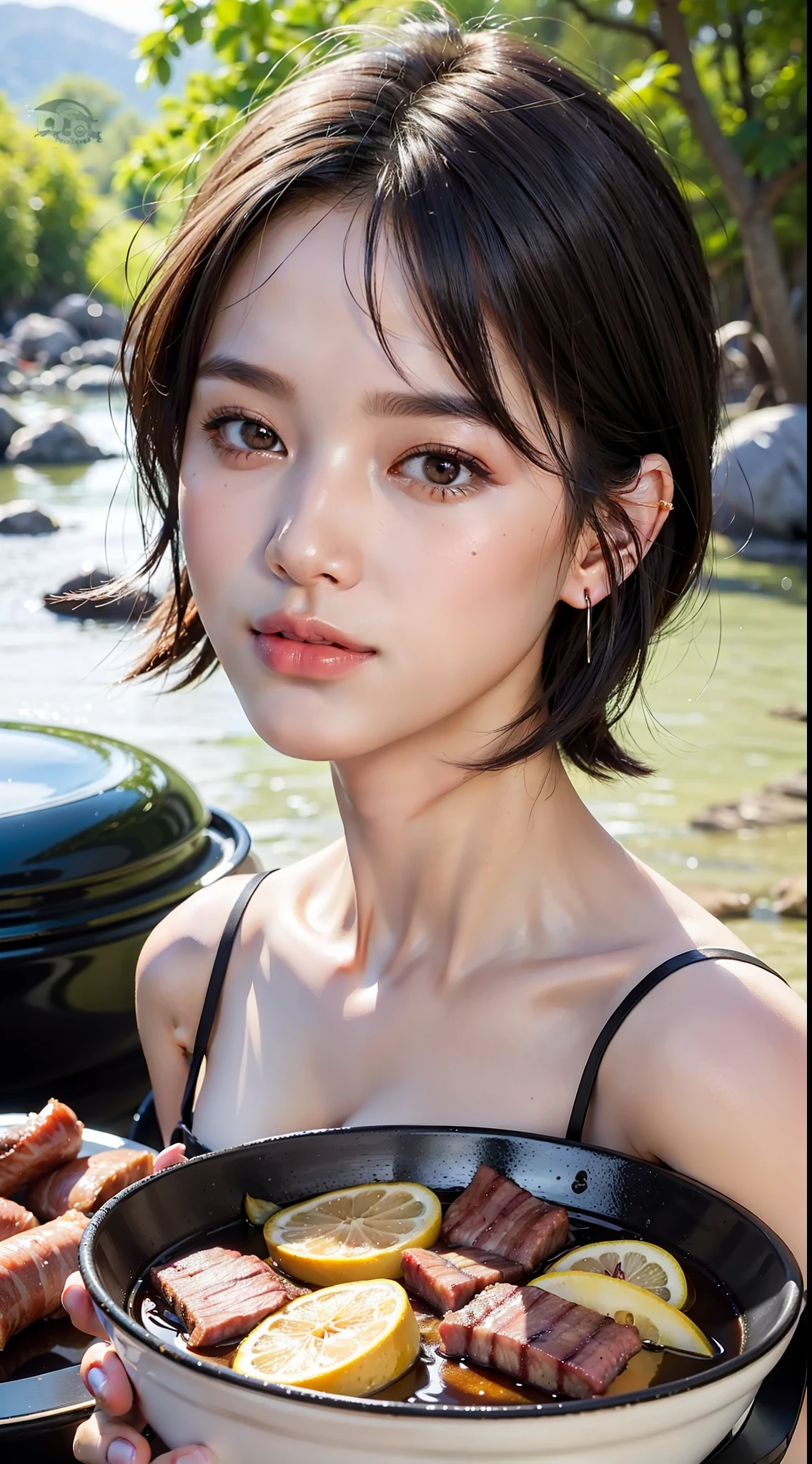 masterpiece, top quality, raw photo, photorealistic, big, face light, shiny skin, high resolution, super detail, detail, detailed eyes and face, sharp pupils, smile, sharp focus, shiny skin, black hair, short hair, earrings, barbecuing, riverbed, eating meat