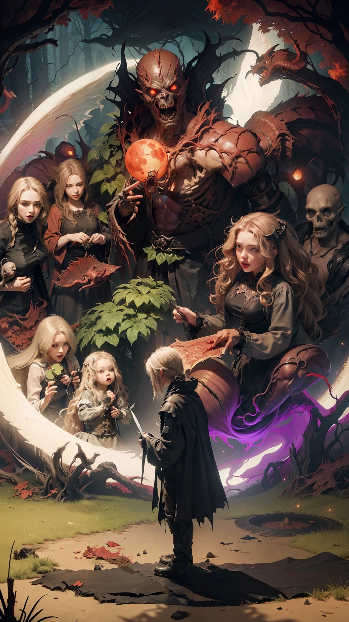 Fine matte painting, dark angel big wings haunted castle on drawing table full of knives, horror, eerie, scary, secret horror, tentacles, vines, eyes, unthinkable valley effect teeth, limbs, animals, blood moon